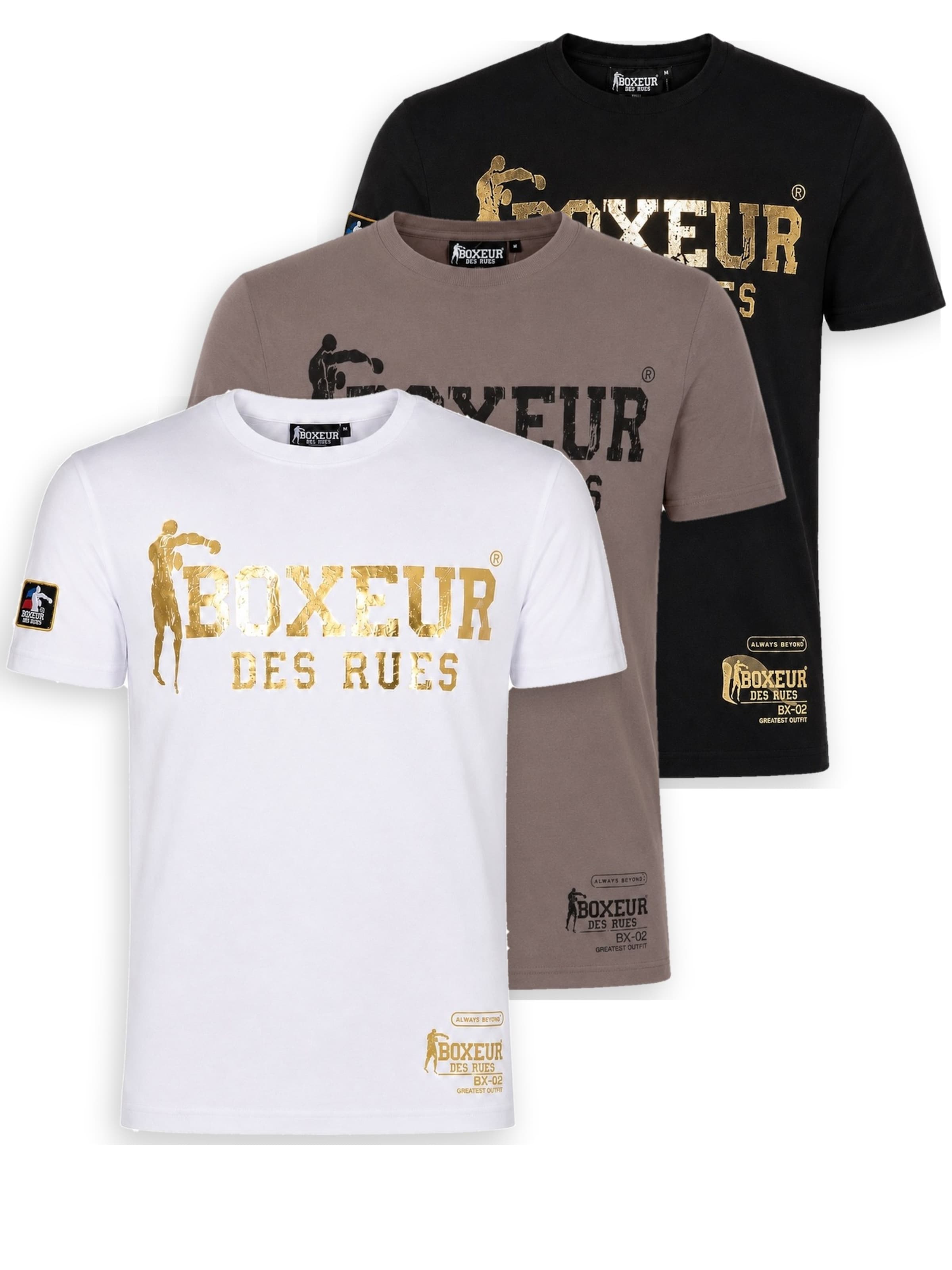 Boxeur des Rues Shirt 'Herren T-Shirt 3er-Pack Boxeur des Rues Slim Fit: Weiß, Goldenes Logo + Taupe-Grau + Schwarz, Goldenes Logo' in Gemengde kleuren: voorkant