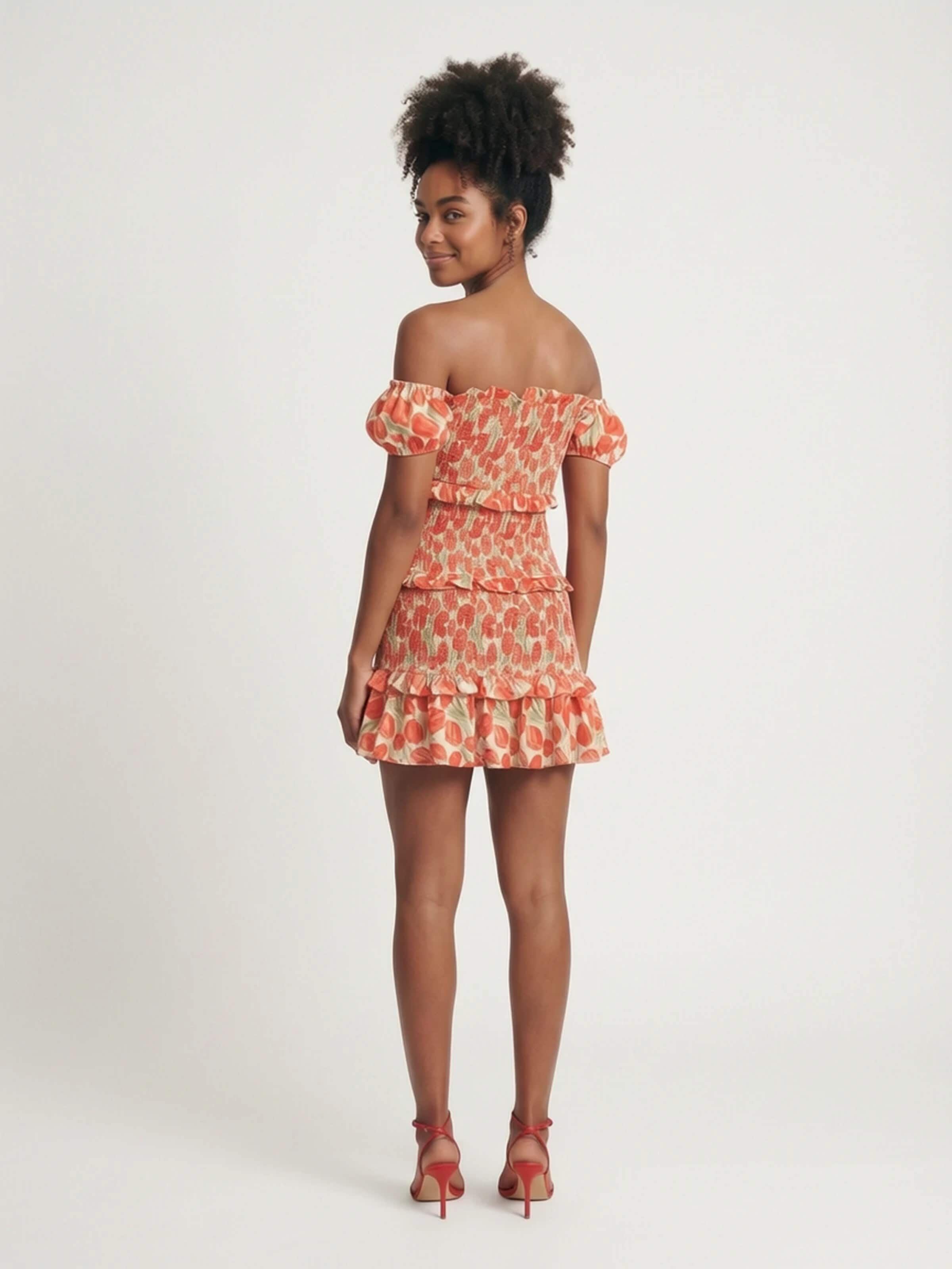 Fulgor - Vestido 'Vestido Ombro a Ombro com Folhos Laranja Noria' en naranja