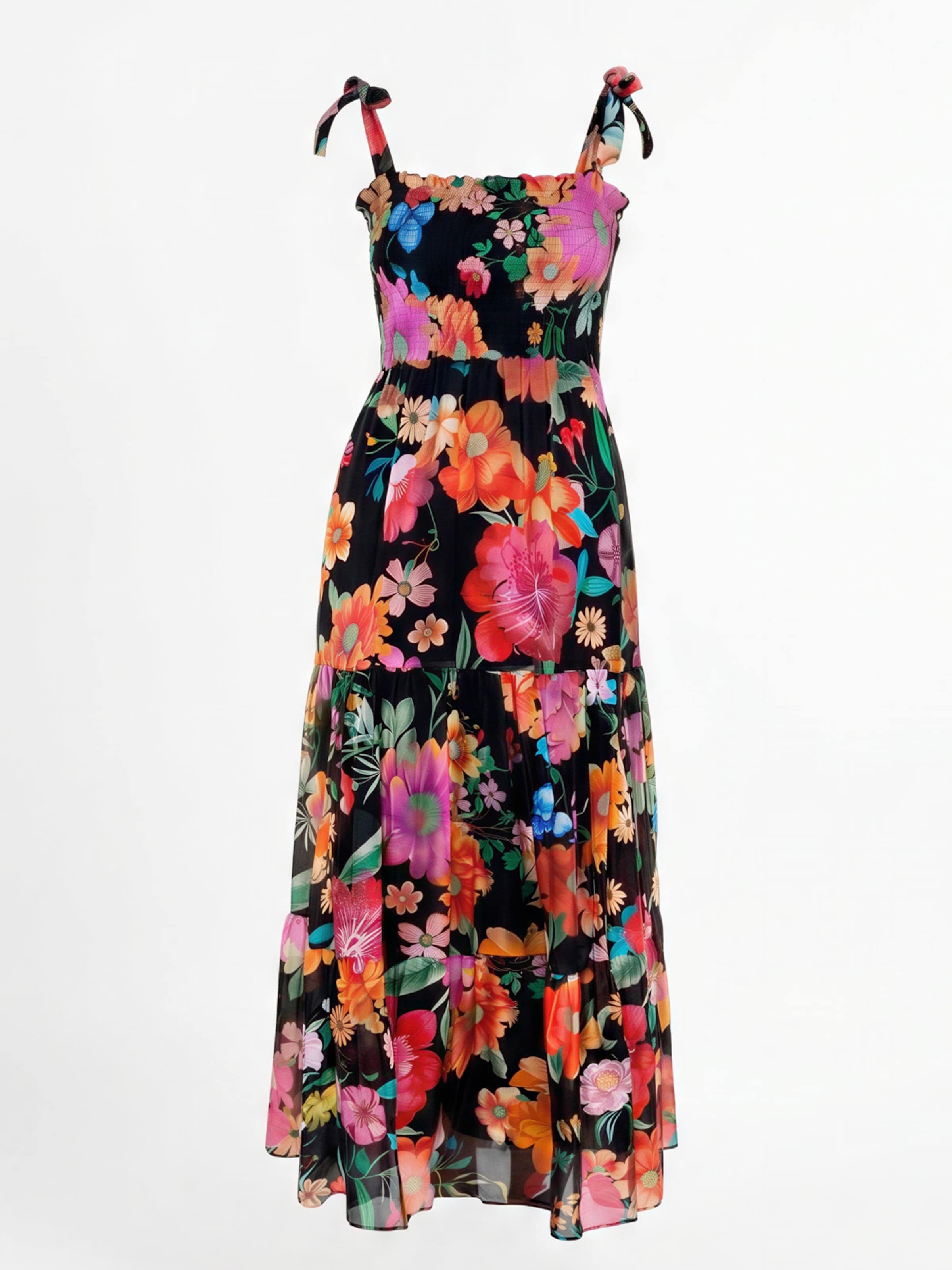 Introvertie VIENNA Zomerjurk 'Girl Got Pockets Silk Linen Shirred Maxi Dress' in Zwart: voorkant