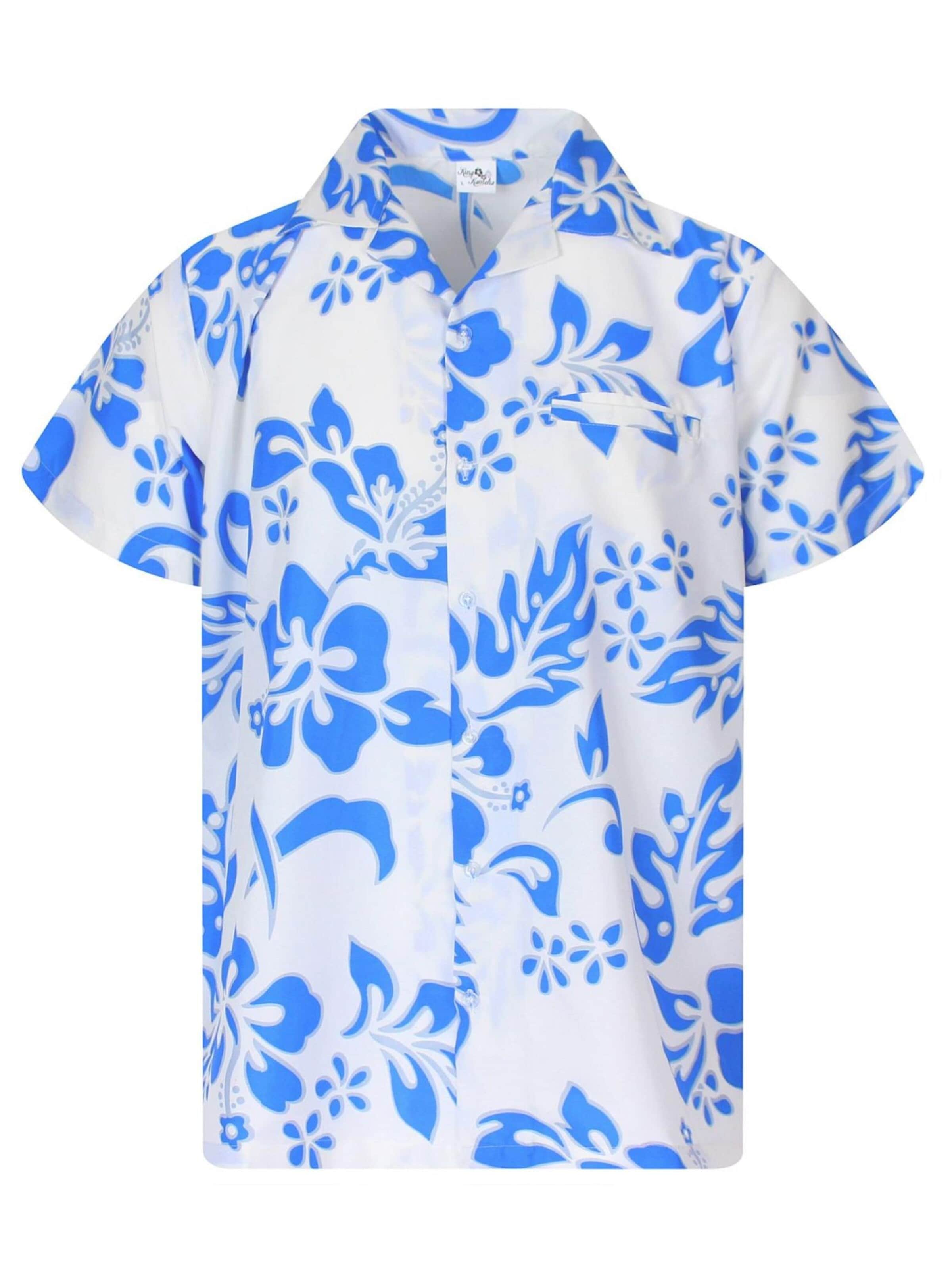 King Kameha Shirt 'Hibiscus White Line' in Blauw: voorkant