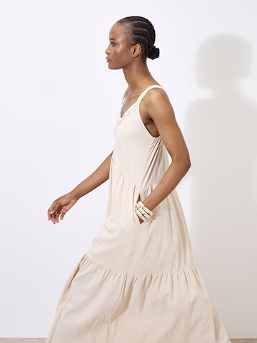 Apricot Bead Embellished Cotton Midaxi Dress ' ' in Beige