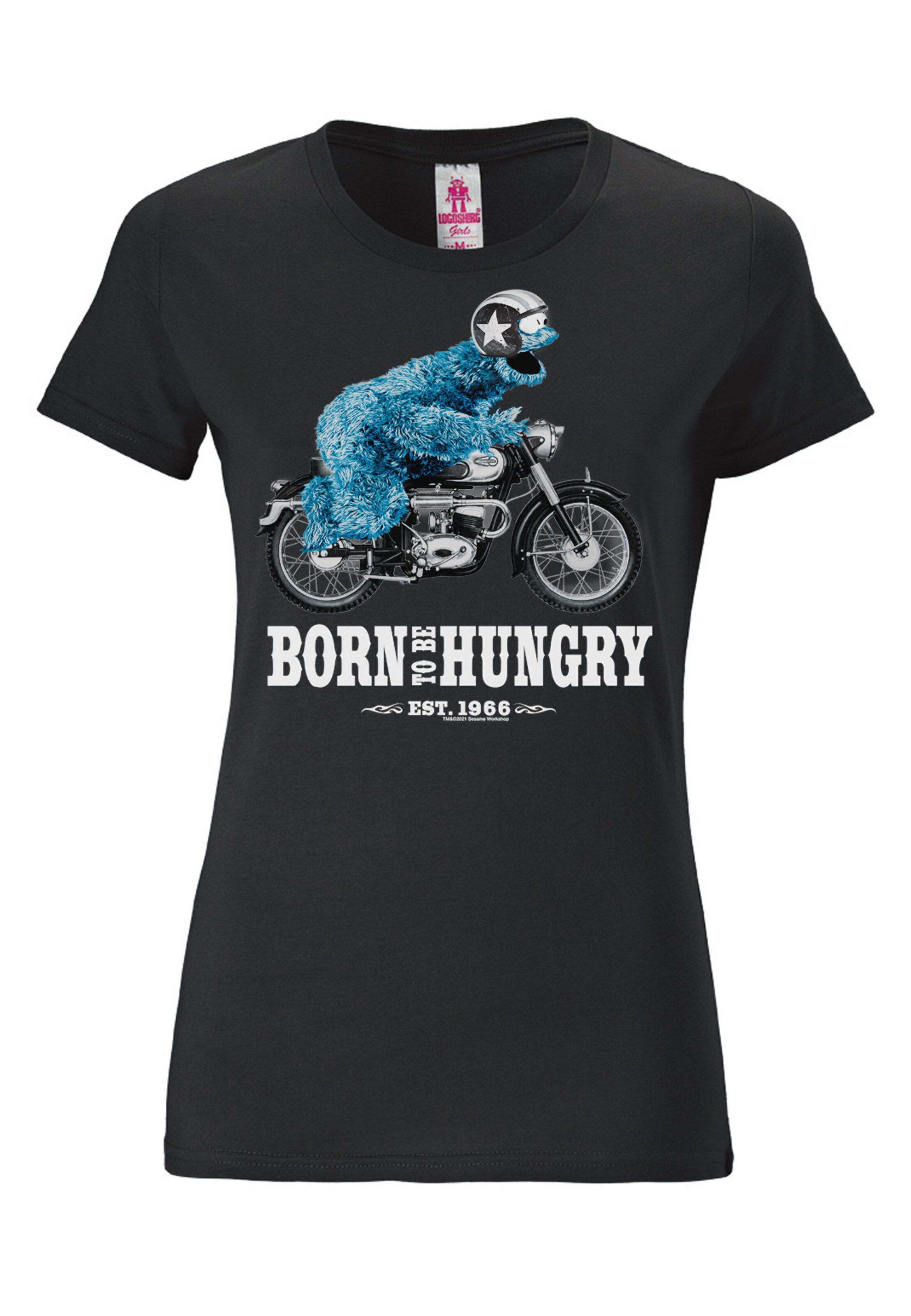 LOGOSHIRT Shirt 'Sesamstraße - Krümelmonster Motorrad' in Zwart: voorkant
