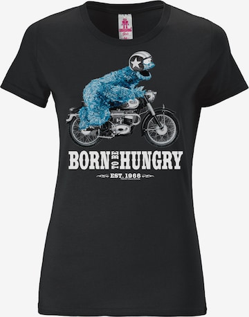 LOGOSHIRT Shirt 'Sesamstraße - Krümelmonster Motorrad' in Zwart: voorkant