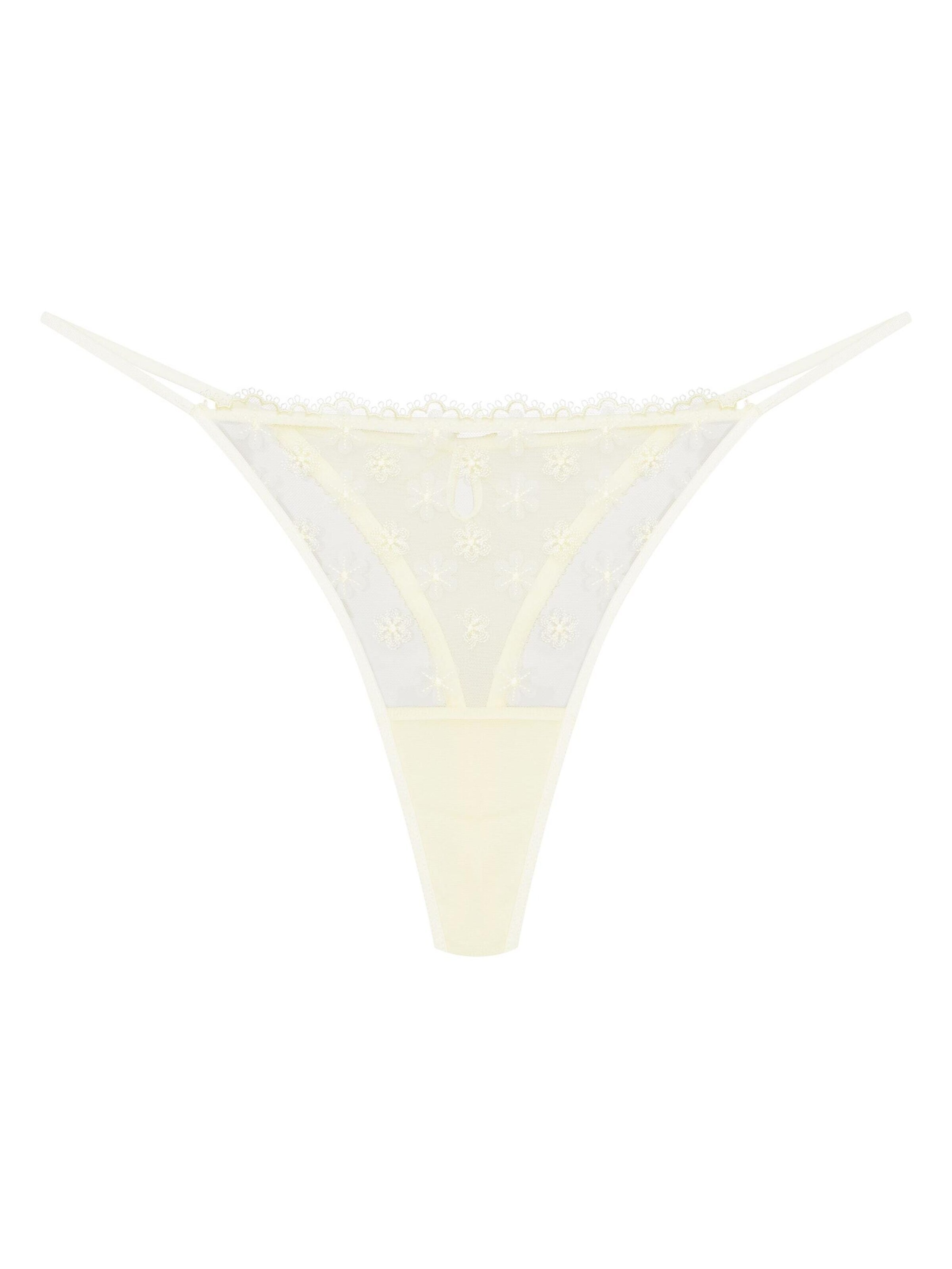 ESOTIQ - Tanga 'String Bloomy, feine Stickerei, zarte Rüschen, florales Muster' en amarillo