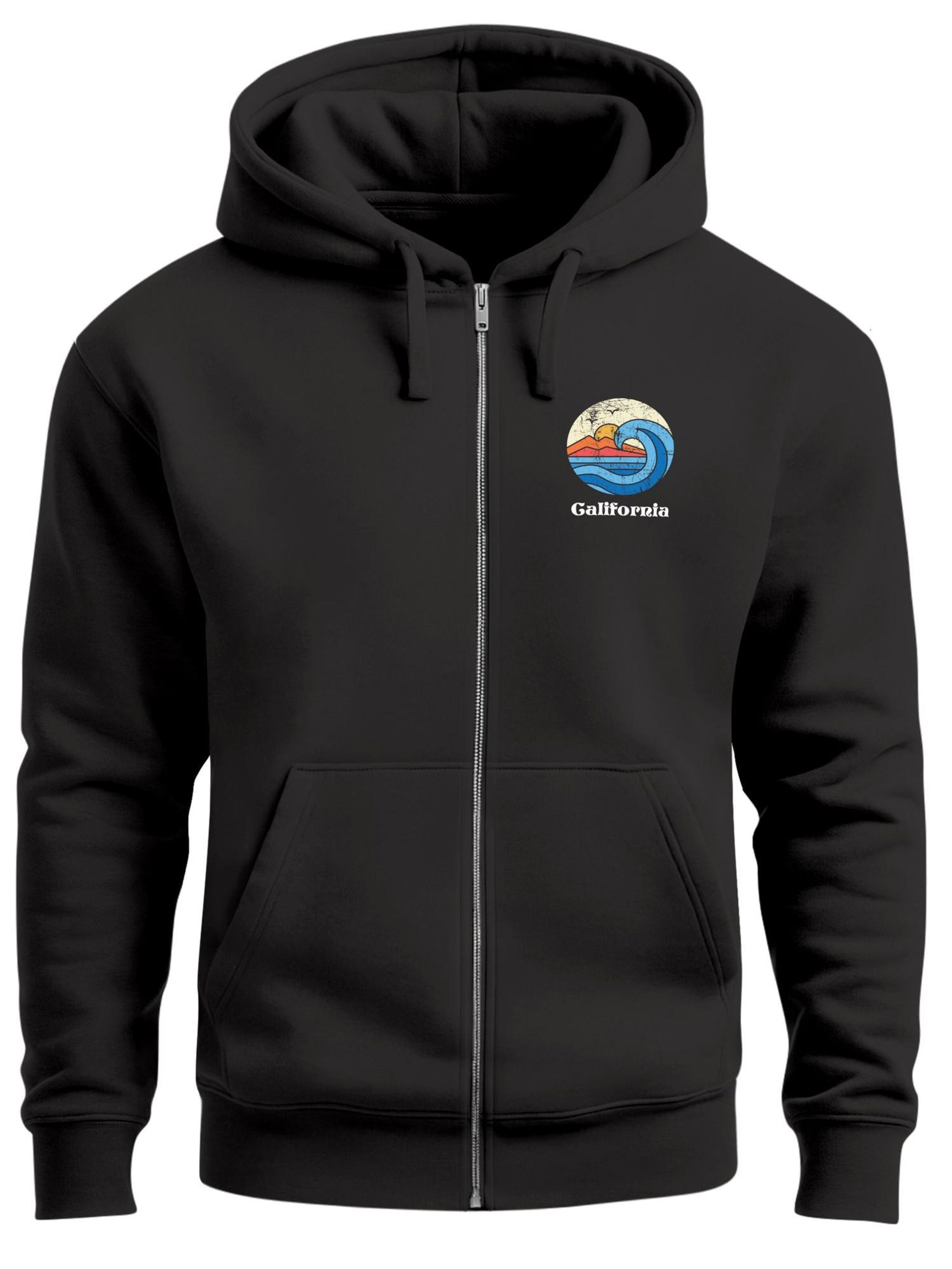 Neverless Zip-Up Hoodie 'California Beach' in Black: front