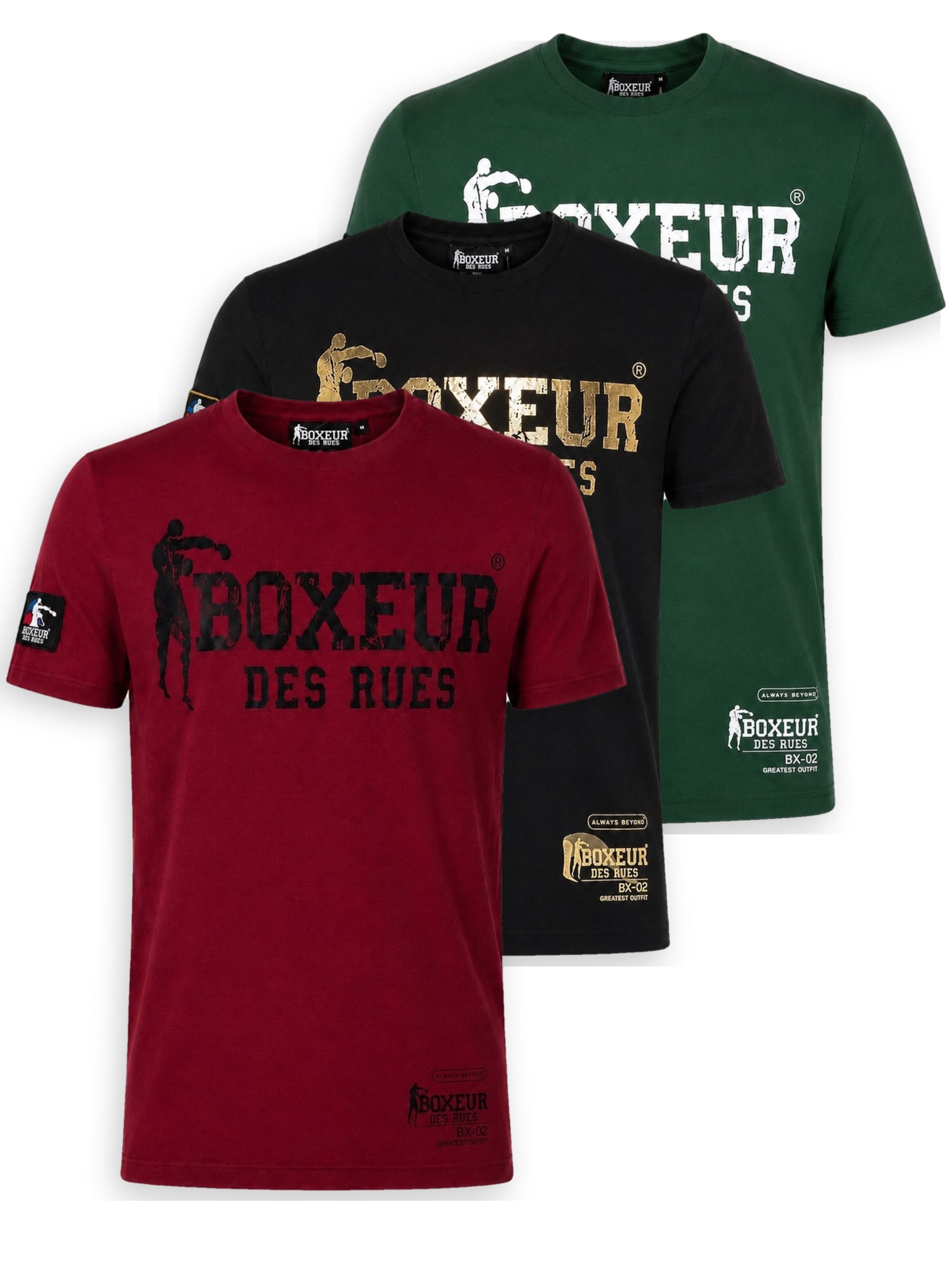 Boxeur des Rues Shirt 'Herren T-Shirt 3er-Pack Boxeur des Rues Slim Fit: Bordeaux + Schwarz, Goldenes Logo + Dunkelgrün, Weißes Logo' in Gemengde kleuren: voorkant