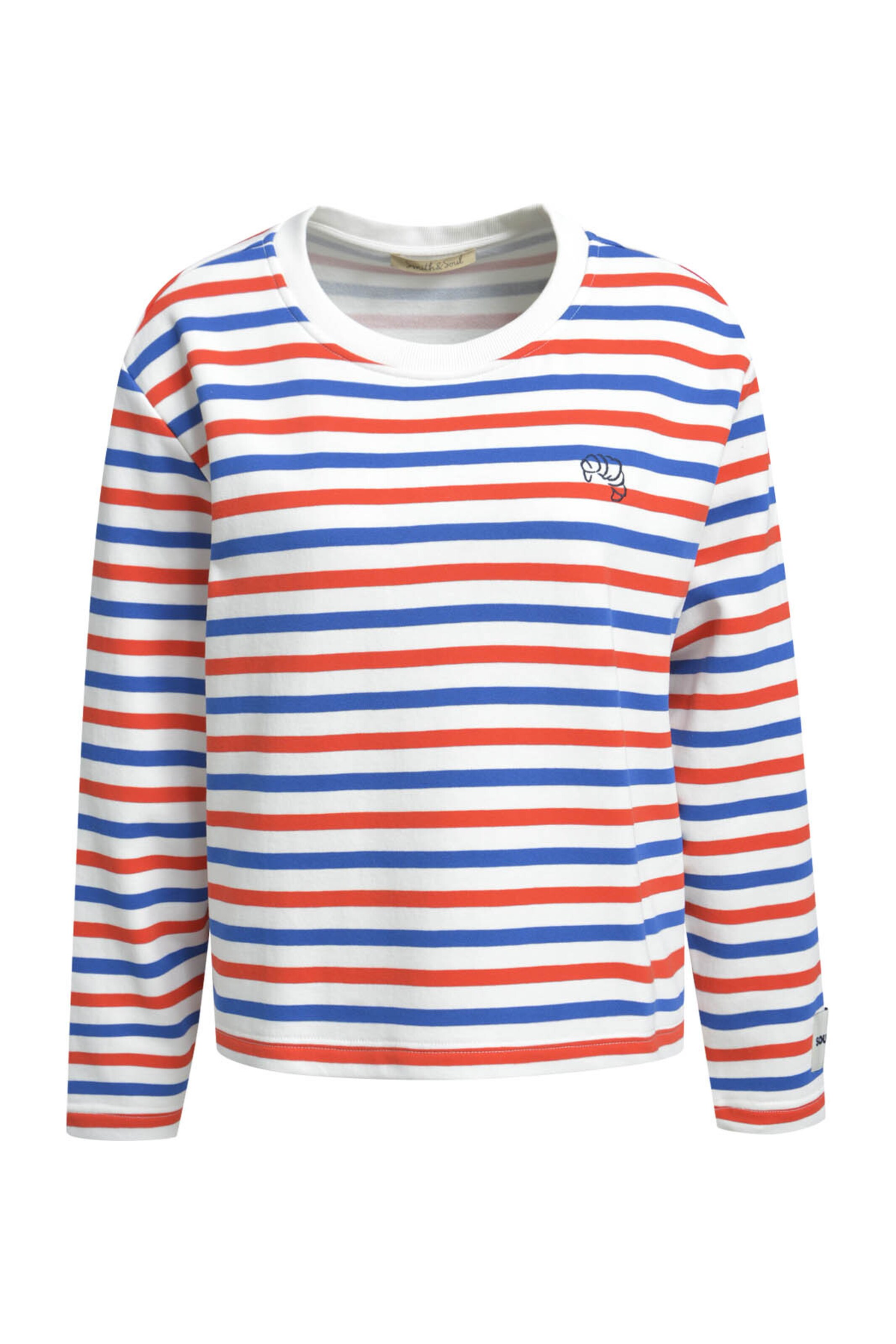 Smith&Soul Gestreiftes Boxy Sweatshirt mit Backprint in Blau: Vorderseite