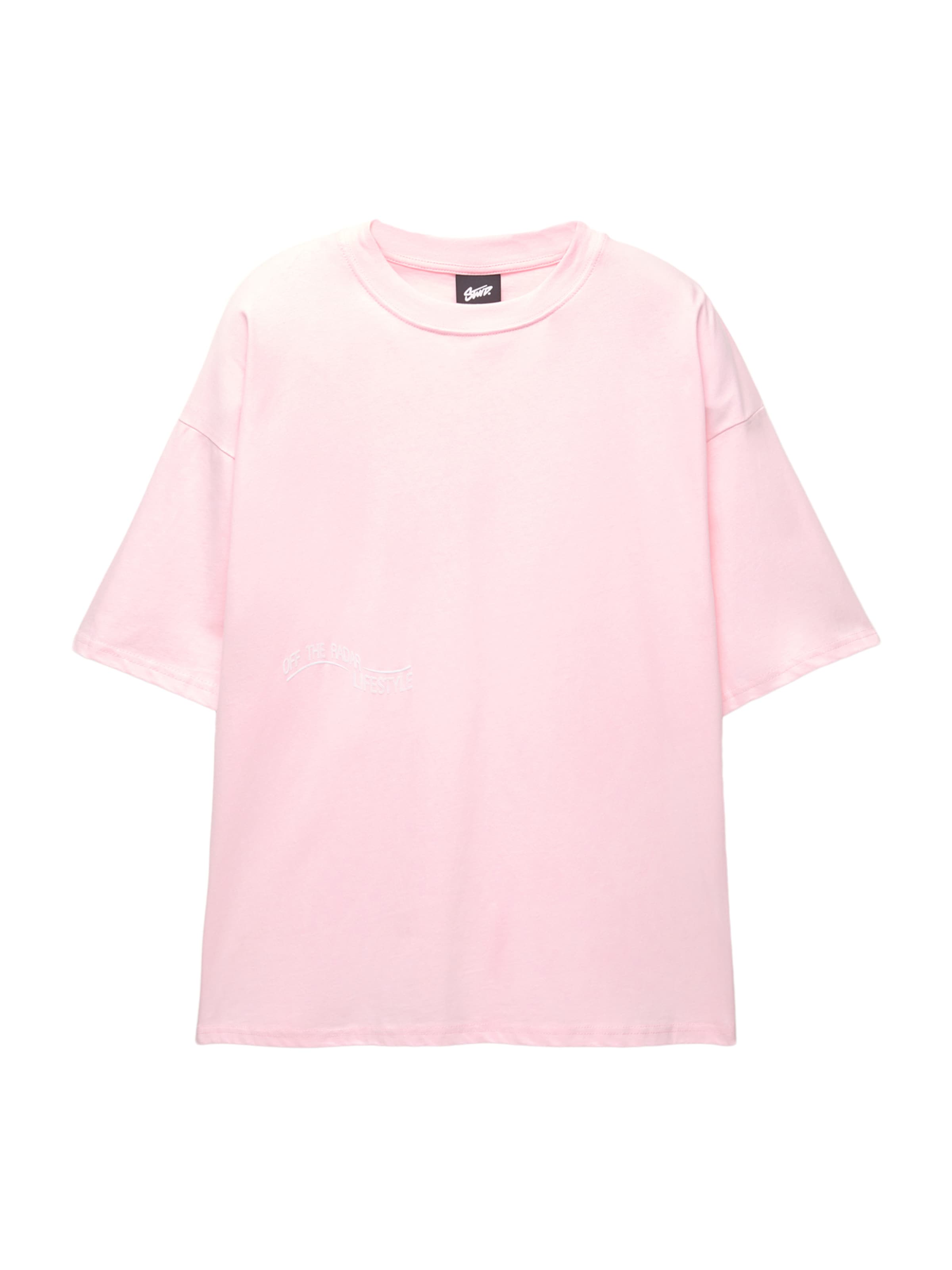 Pull&Bear T-Shirt 'STWD OFF THE RADAR' en violet foncé / rose / blanc, Vue avec produit