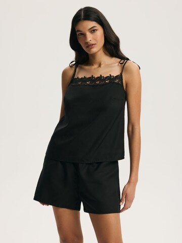 ESOTIQ Pajama 'Pyjama Set Amethyst Trägertop Rundhals Leinenmix Spitze bequem elegant' in Black