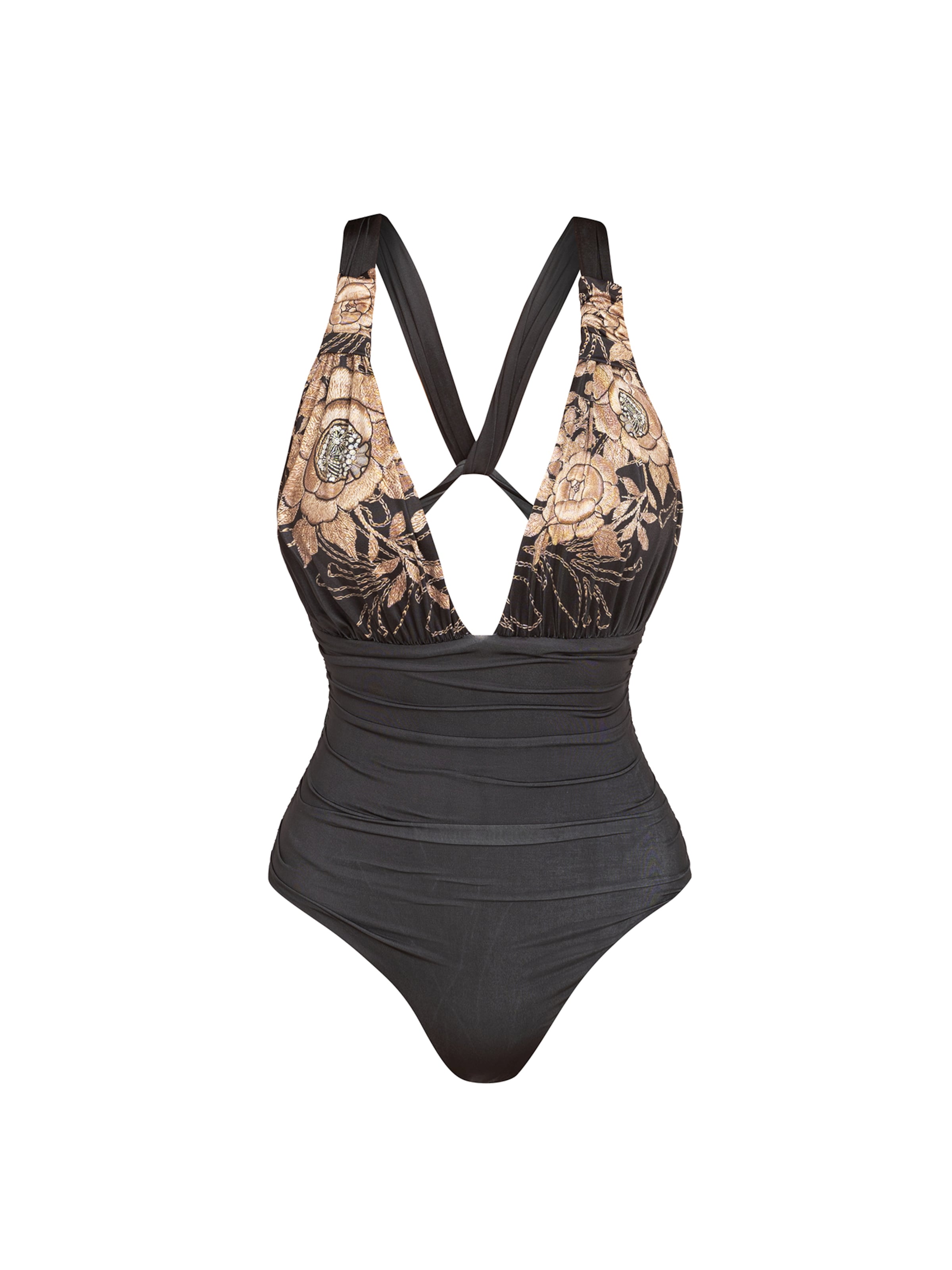 JIORO Triangel Badeanzug 'GOLDEN ROSES'‌‌ in Schwarz: Vorderseite