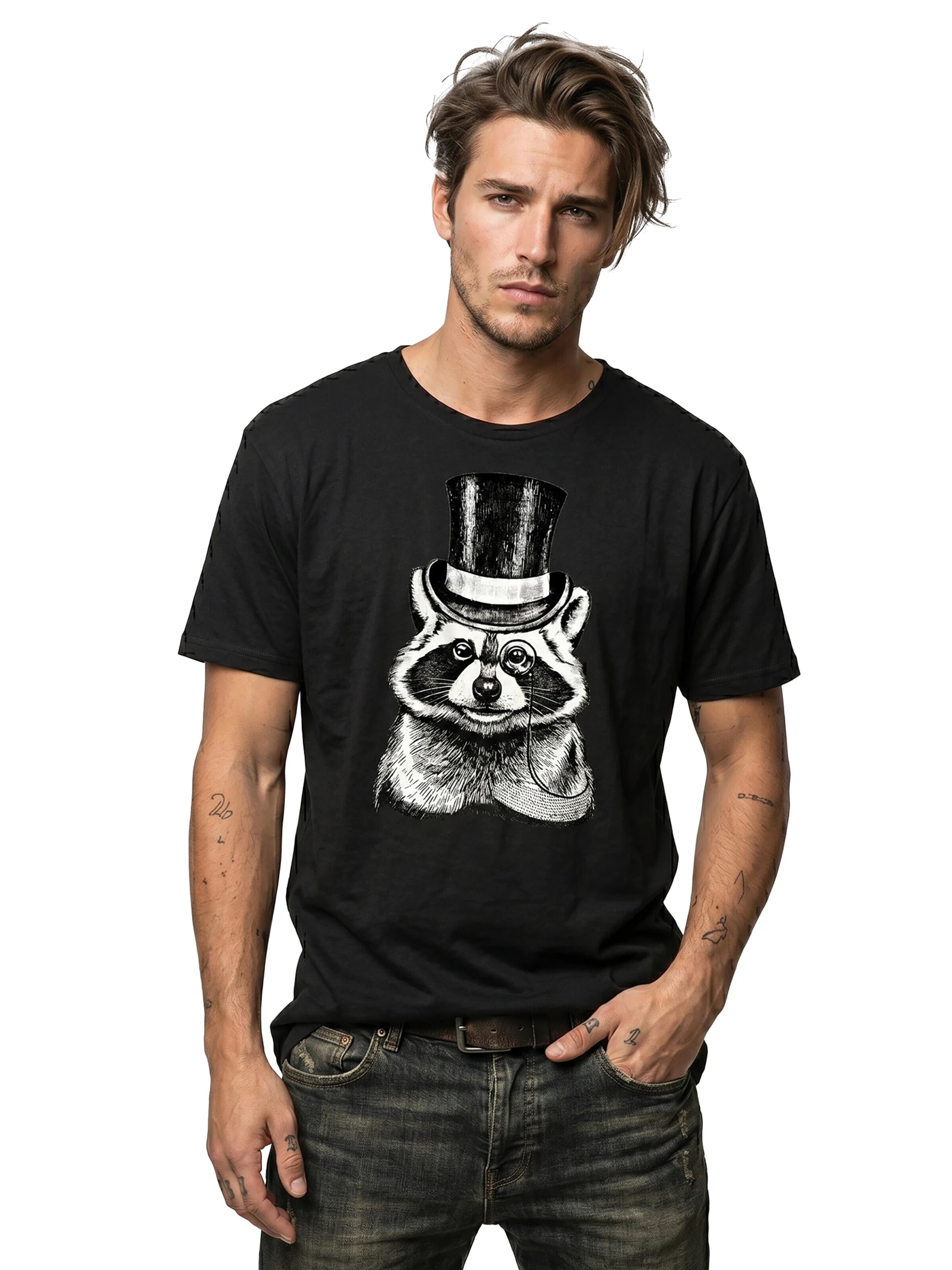 MAKAYA Shirt 'Waschbär Hut' in Black