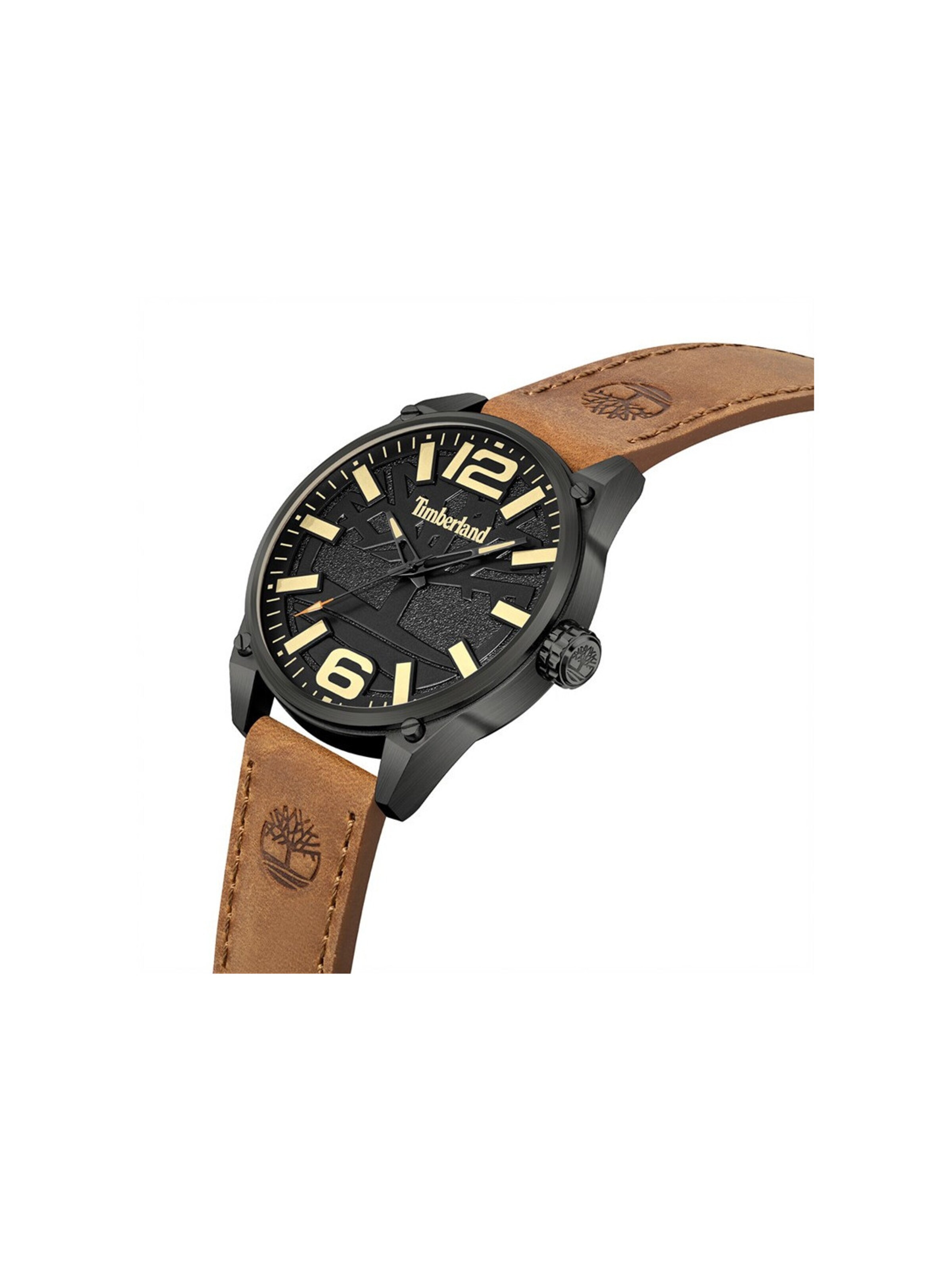 TIMBERLAND Analoog horloge 'Montrehomme Timberland Ripley-Z TDWGA9000703, cadran noir et bracelet en cuir marron (46 mm).' in Bruin