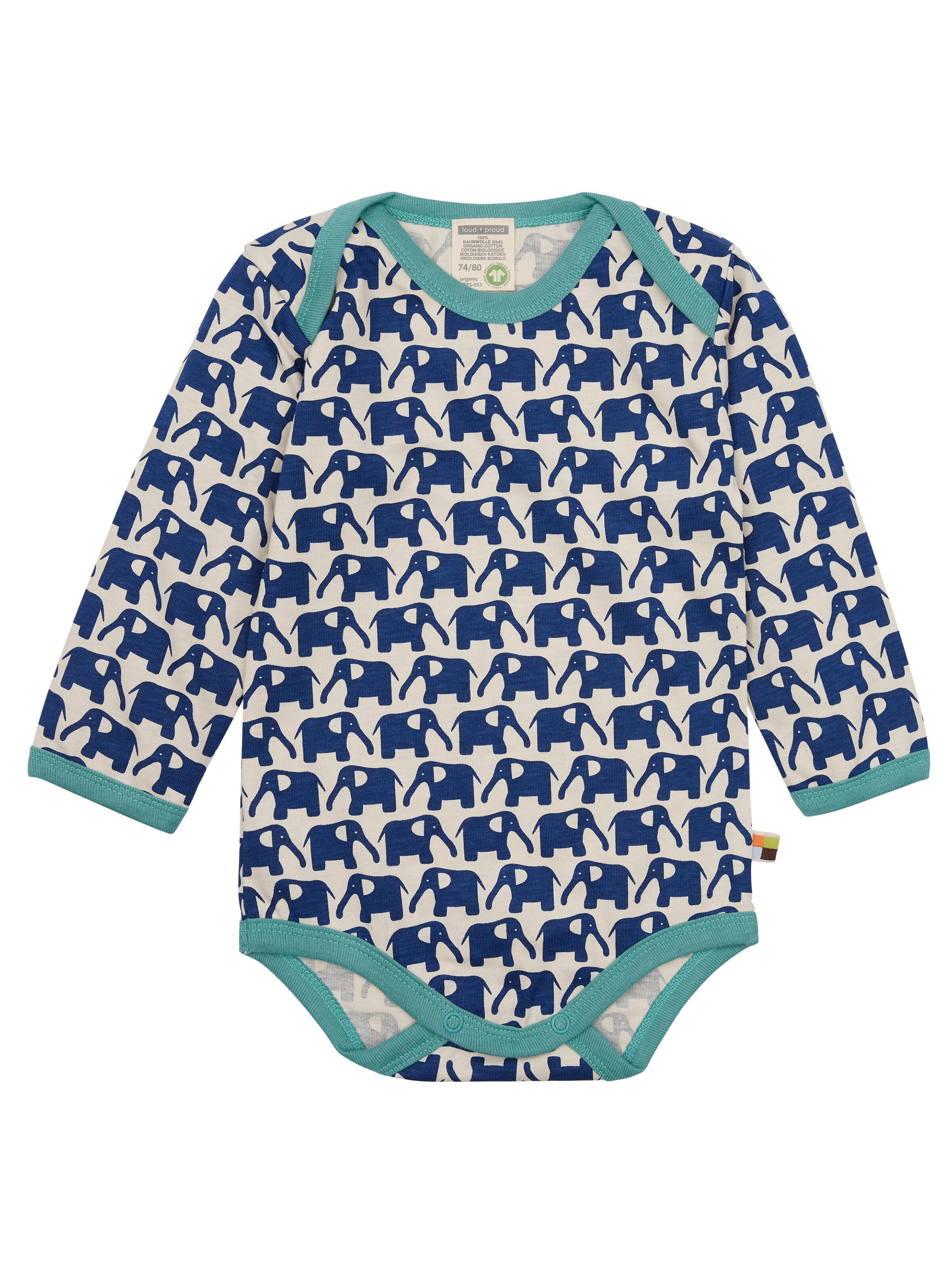 loud + proud Strampler/Body 'Elefanten'‌‌‌‌‌‌‌‌ in Blau: Vorderseite