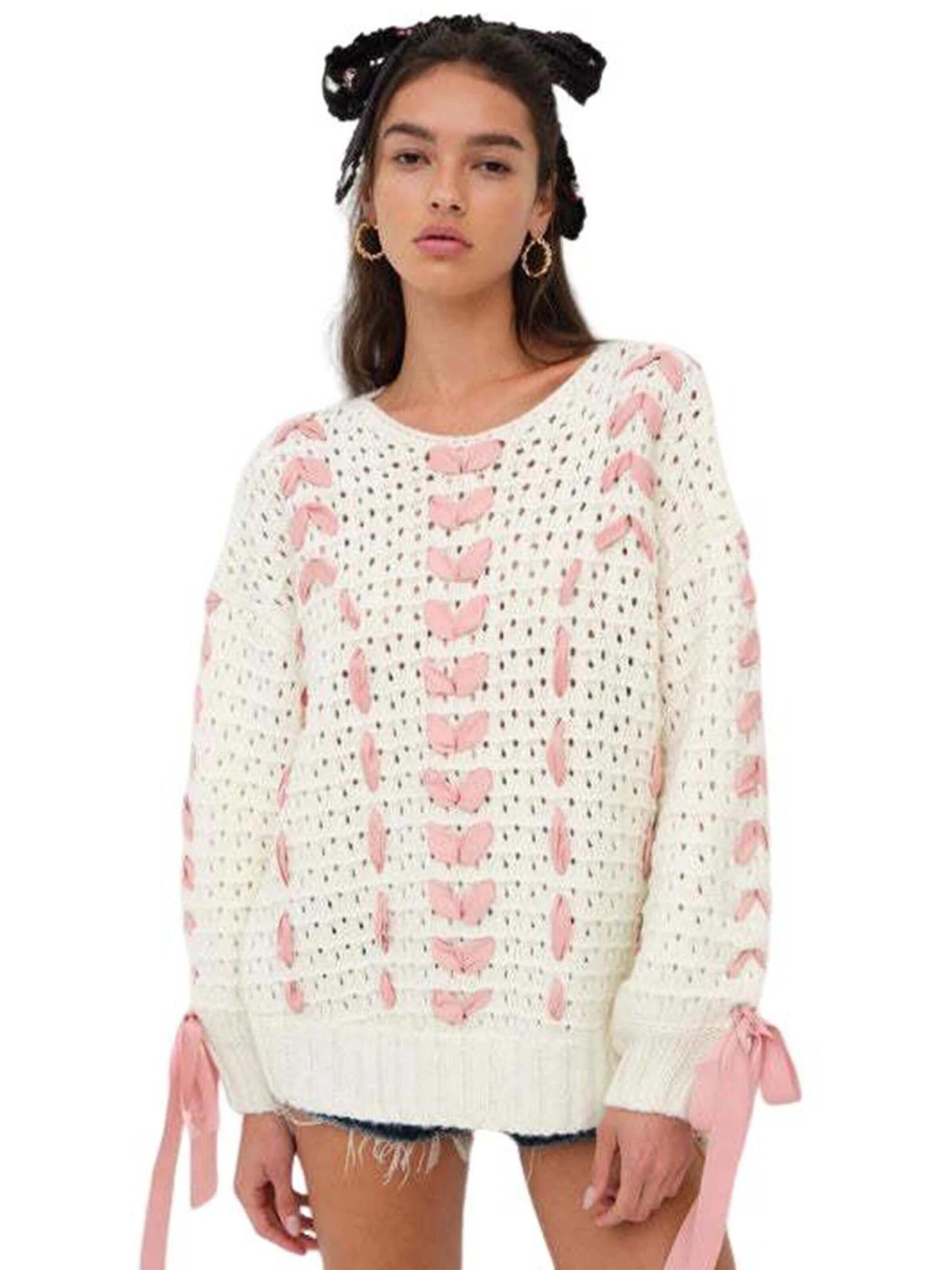 KoJooin Sticktop 'Damen Rundhalspullover mit Schleifenbindung Strickpullover für lässige Alltags-und Freizeitoutfits'‌‌‌‌‌‌‌‌‌ in Weiß: Vorderseite