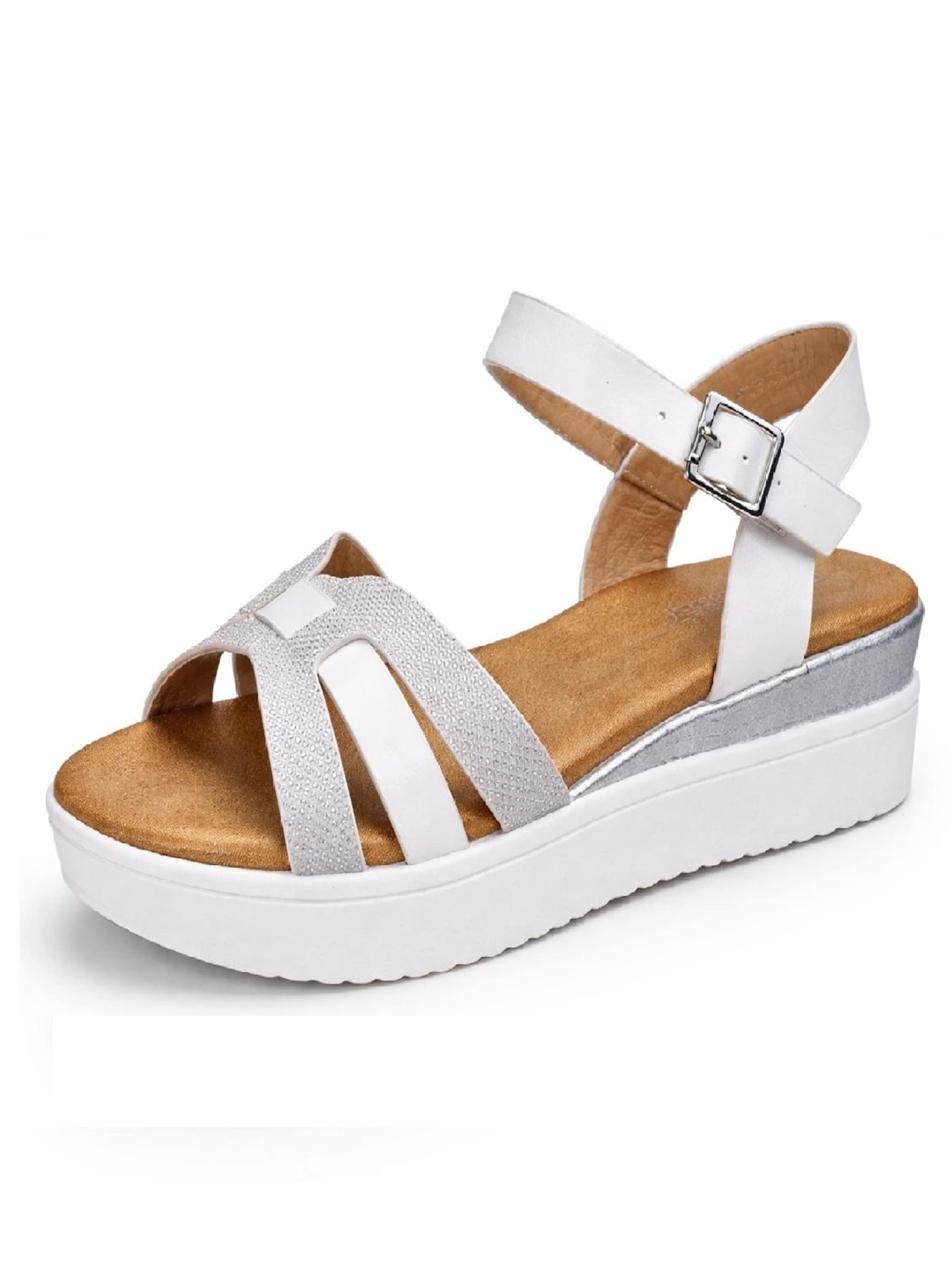 Pogolino Strap Sandals 'Damen Sandalen Plateau Riemchen Glitzer Keilabsatz Sandaletten BL6622' in White: front