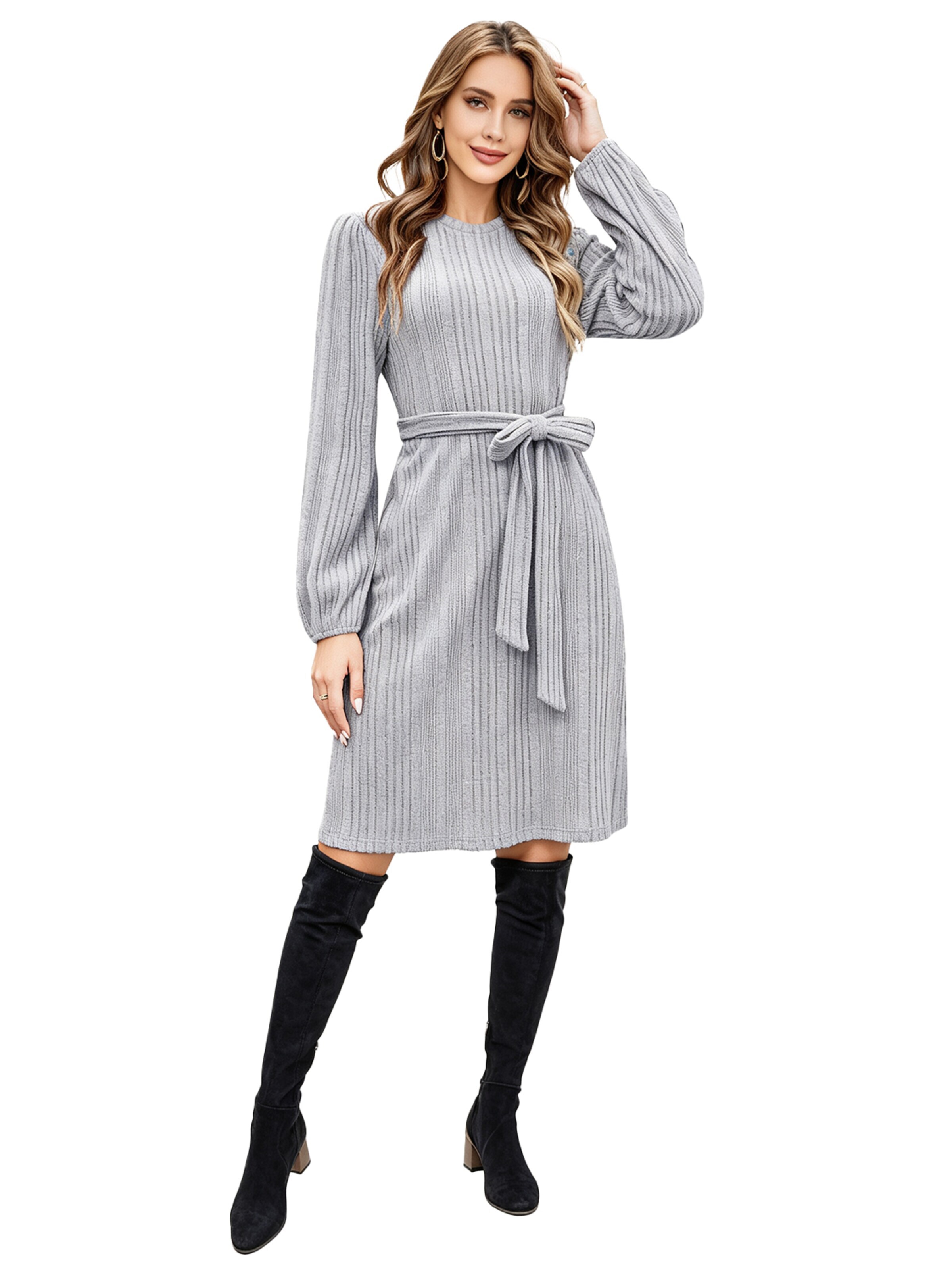 KoJooin Sukienka 'Damen Strickkleid für Herbst und Winter Lässiges,Rippstrick,Fließendes Kleid mit Gürtel für Arbeit' w kolorze szary: przód