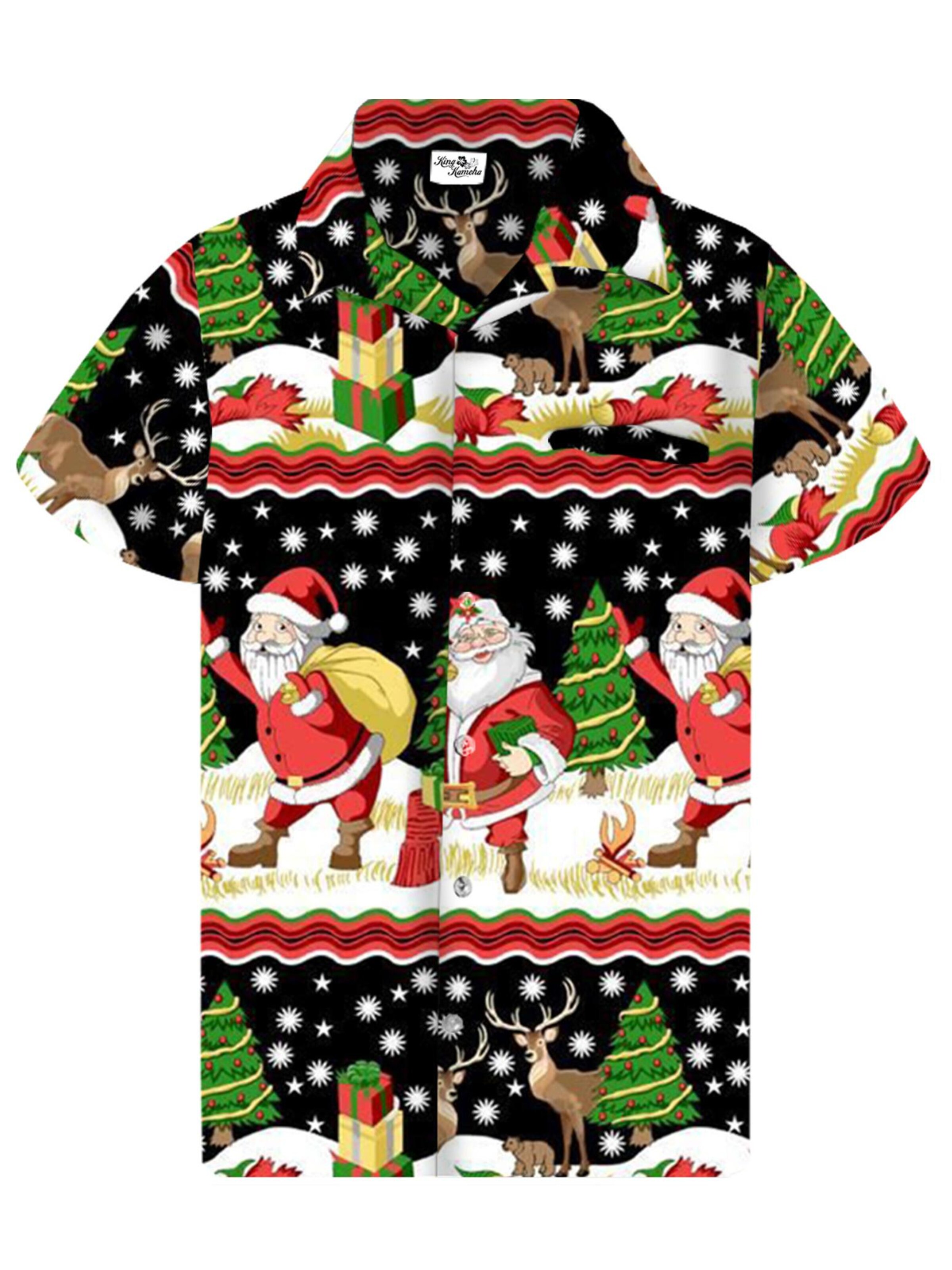 King Kameha Button Up Shirt 'Christmas Border Print' in Black: front