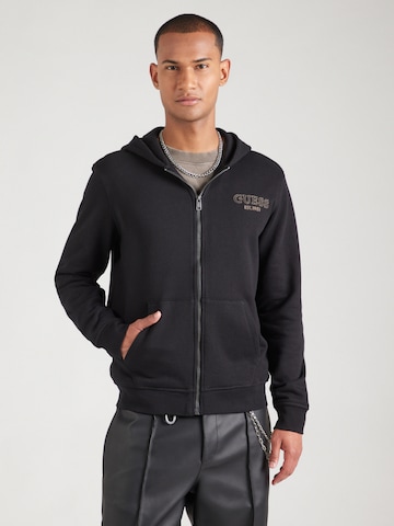 GUESS Zip-Up Hoodie in Black: front