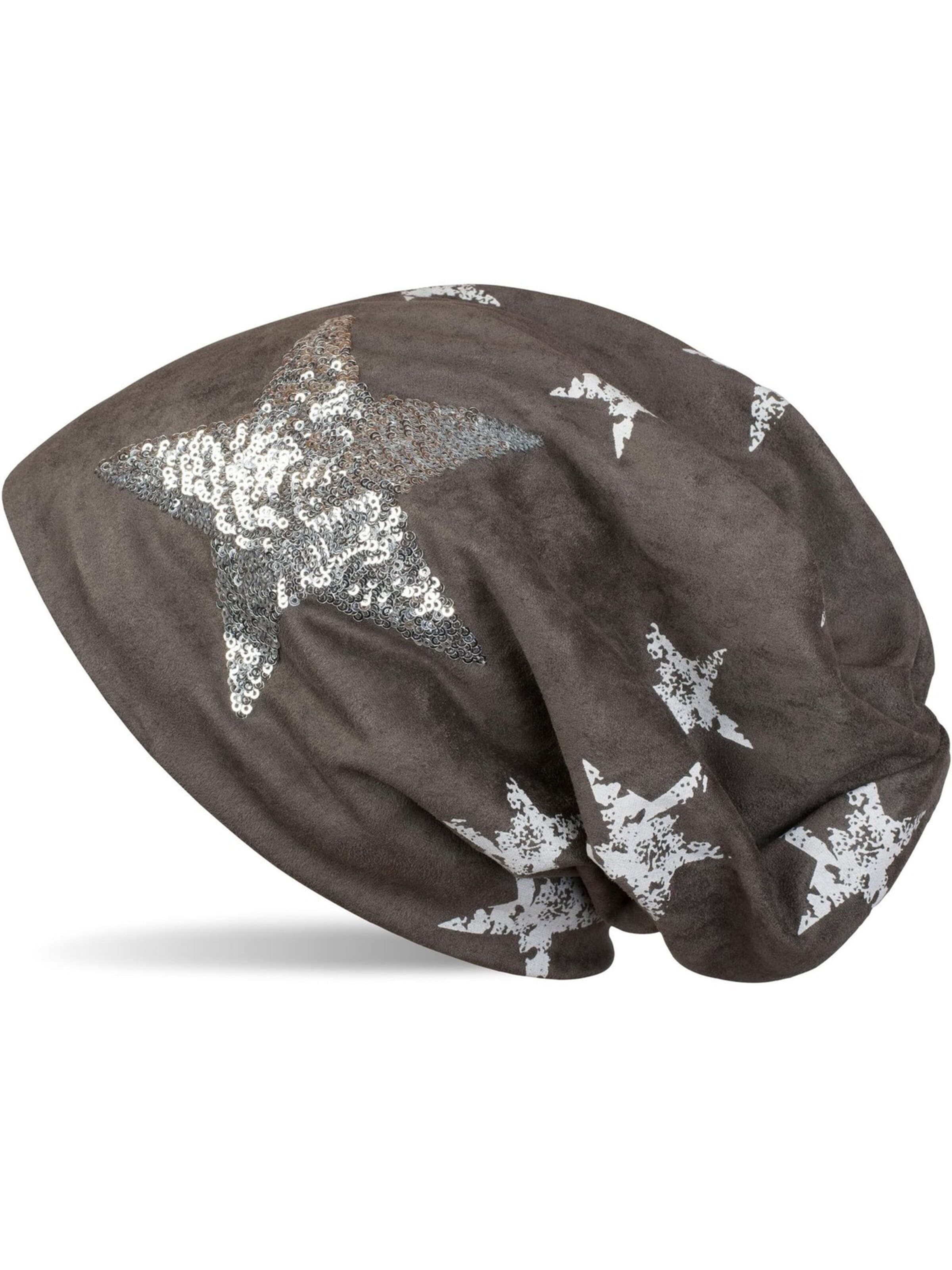 styleBREAKER Mütze 'Beanie in Veloursleder Optik mit Pailletten Stern'‌‌‌‌‌ in Grau: Vorderseite