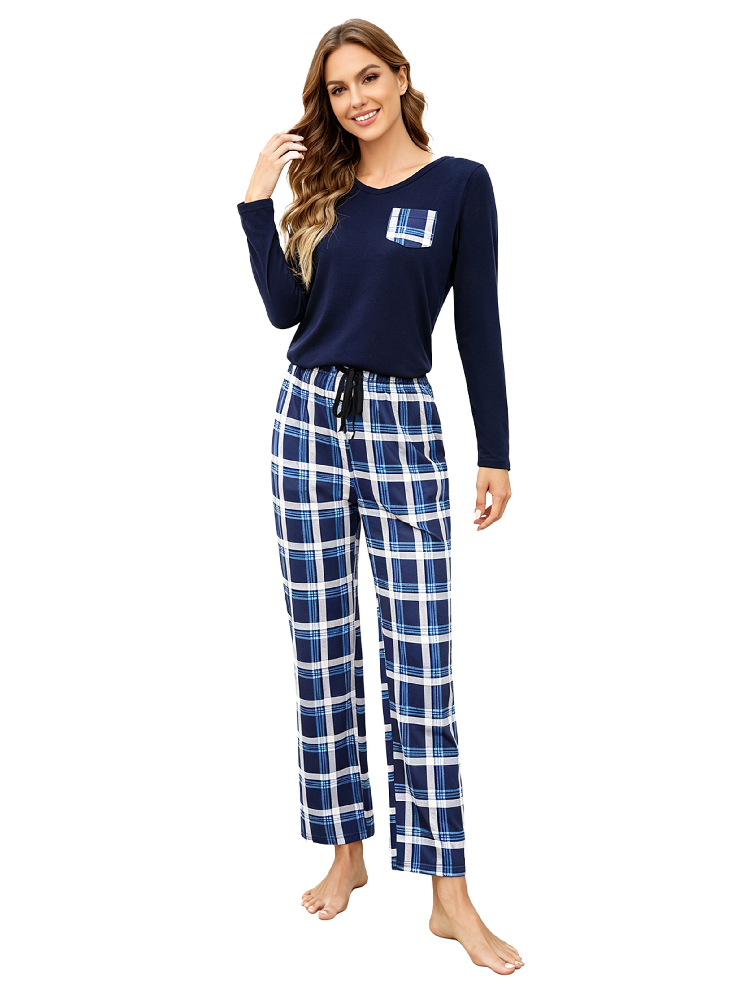 KoJooin Piżama 'Damen Weihnachts-Pyjama-Set im Karierten Design Klassische,Langärmelige Loungewear für Familiäre' w kolorze niebieski: przód