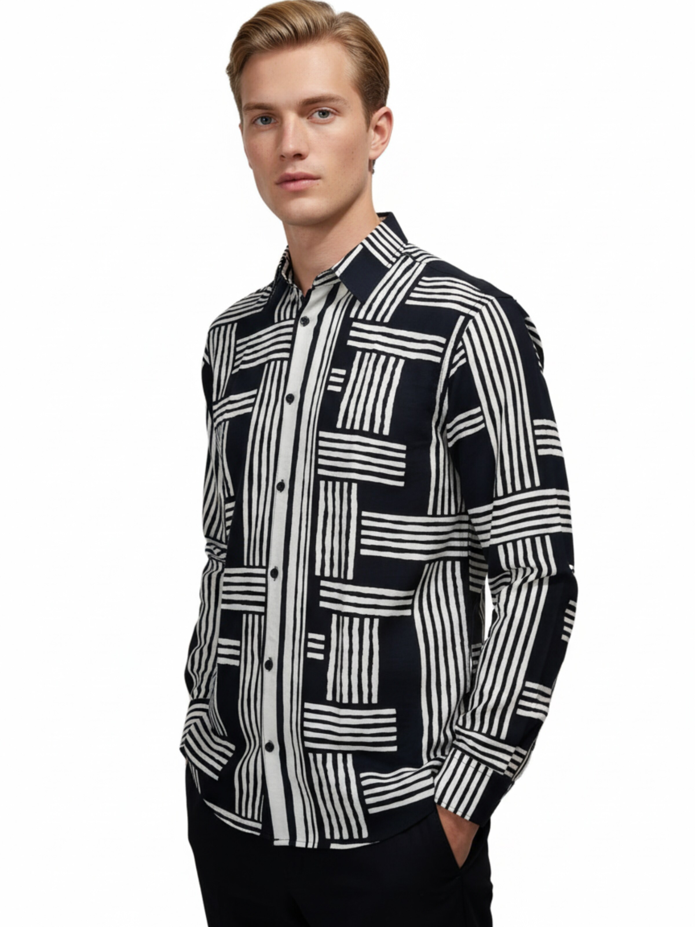 Radwa Regular fit Button Up Shirt 'Men's Viscose multicolor pattern shirt' in Black