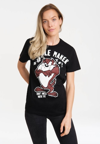 LOGOSHIRT T-Shirt 'Looney Tunes - Taz, Trouble Maker' in Schwarz: predná strana