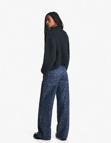 Bershka Široký strih Džínsy - Modrá