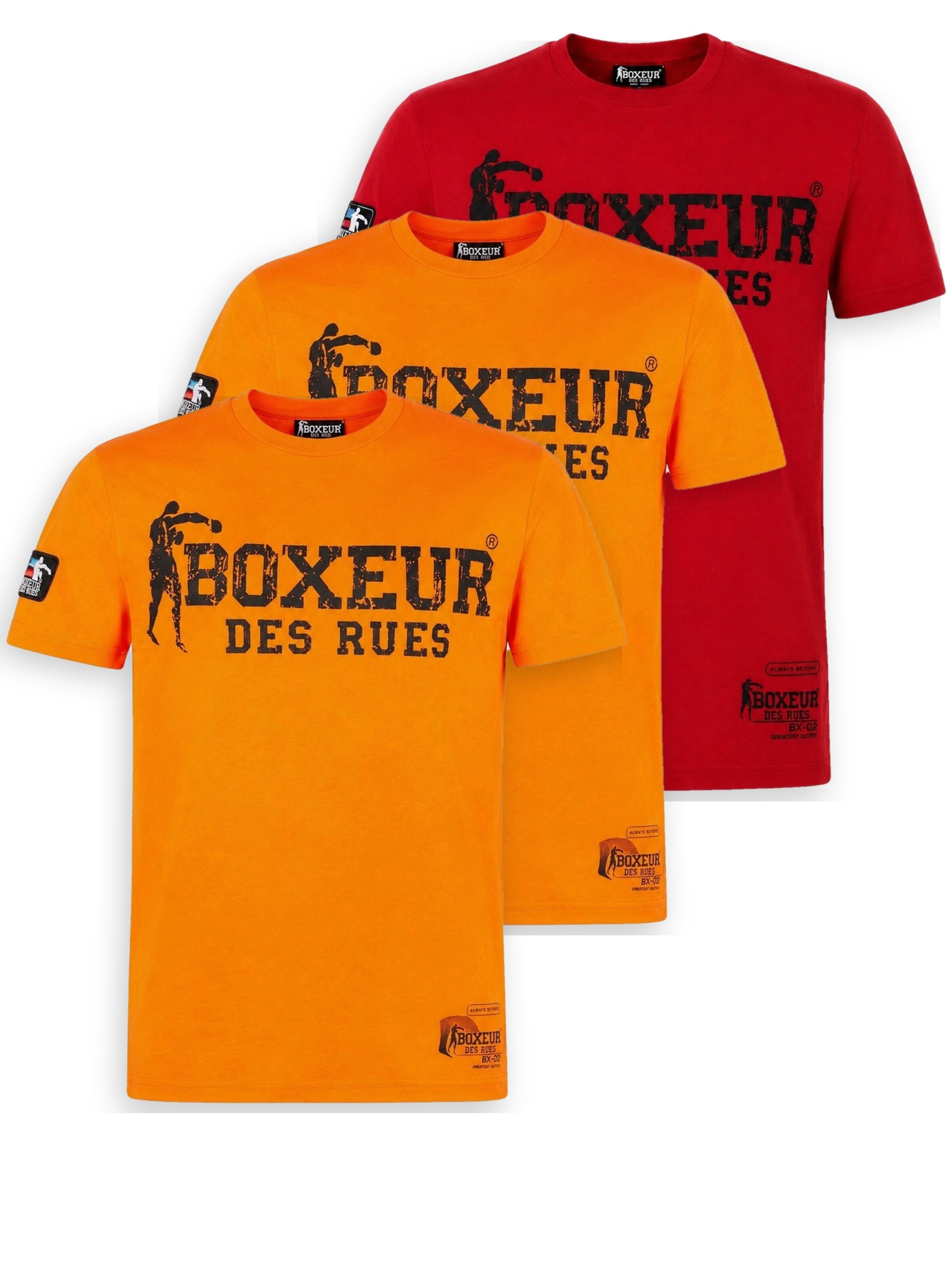 Boxeur des Rues Shirt 'Herren T-Shirt 3er-Pack Boxeur des Rues Slim Fit: 2 x Orange, Schwarzes Logo + Rot, Schwarzes Logo' in Mixed colors: front
