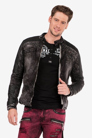 CIPO & BAXX Denim Biker Jacke mit Edelsteinelementen in Schwarz: predná strana