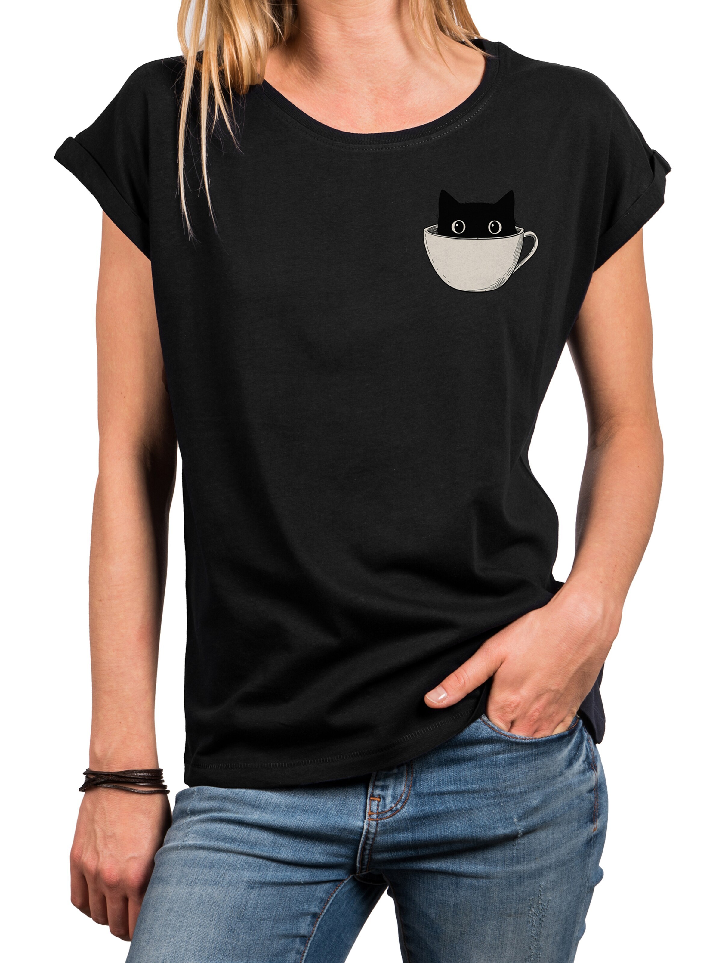 MAKAYA Shirt 'Cup Cat' in Black