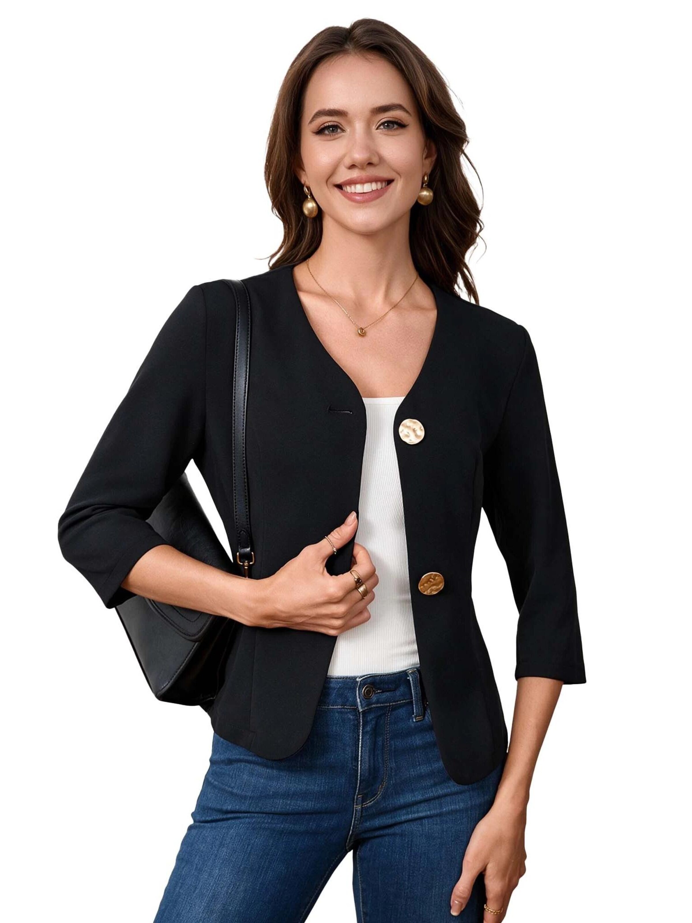 KoJooin Blazer 'Damen-Kurzblazer mit V-Ausschnitt, Metallknopf, Seitenschlitzen und 3/4-Ärmeln'‌‌‌‌‌ in Schwarz