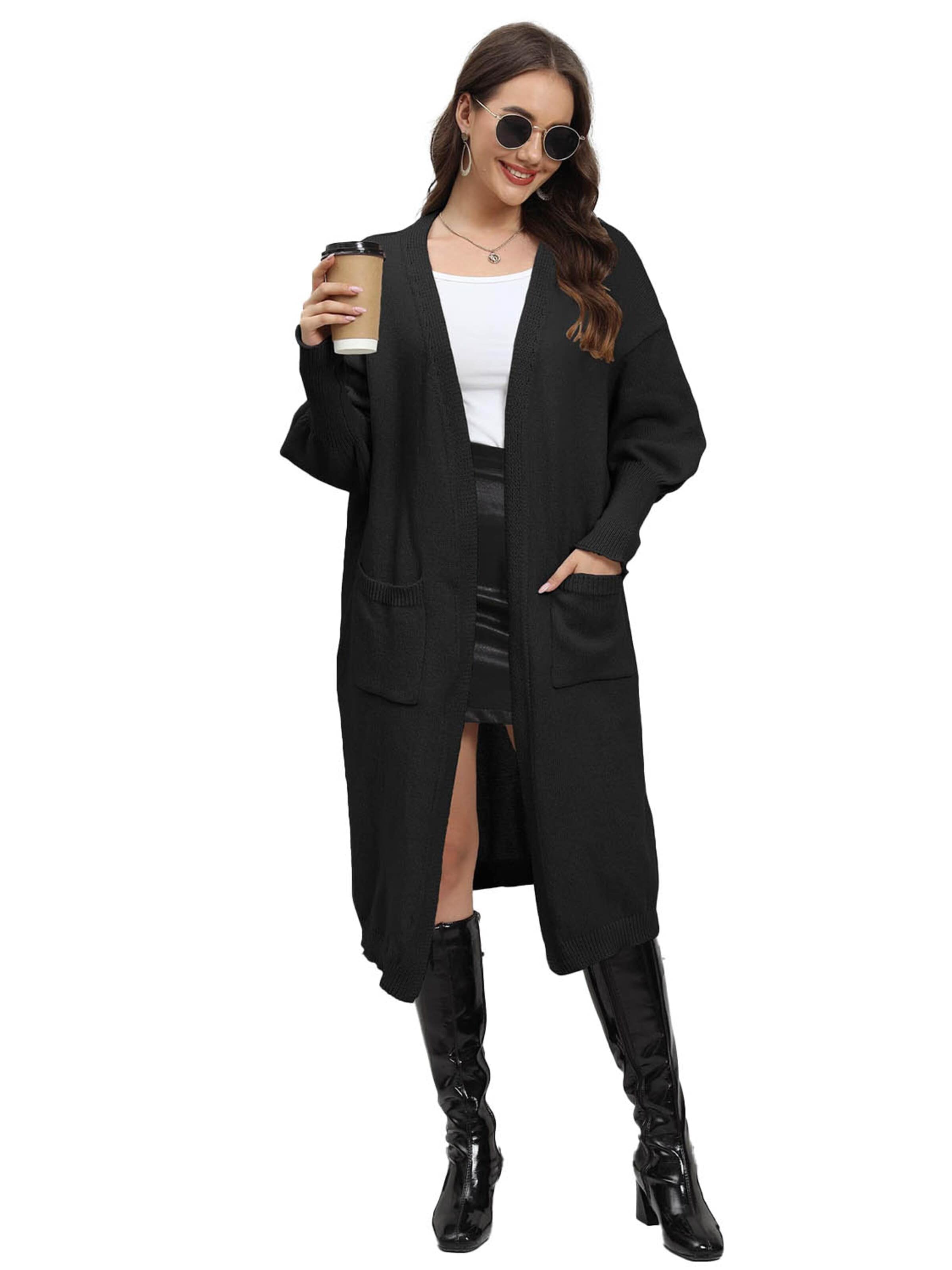 KoJooin Kardigan 'Damen Oversize Wollcardigan Taschen und Ballonärmeln Weicher,Langer Strickmantel in Einheitsgröße' w kolorze czarny