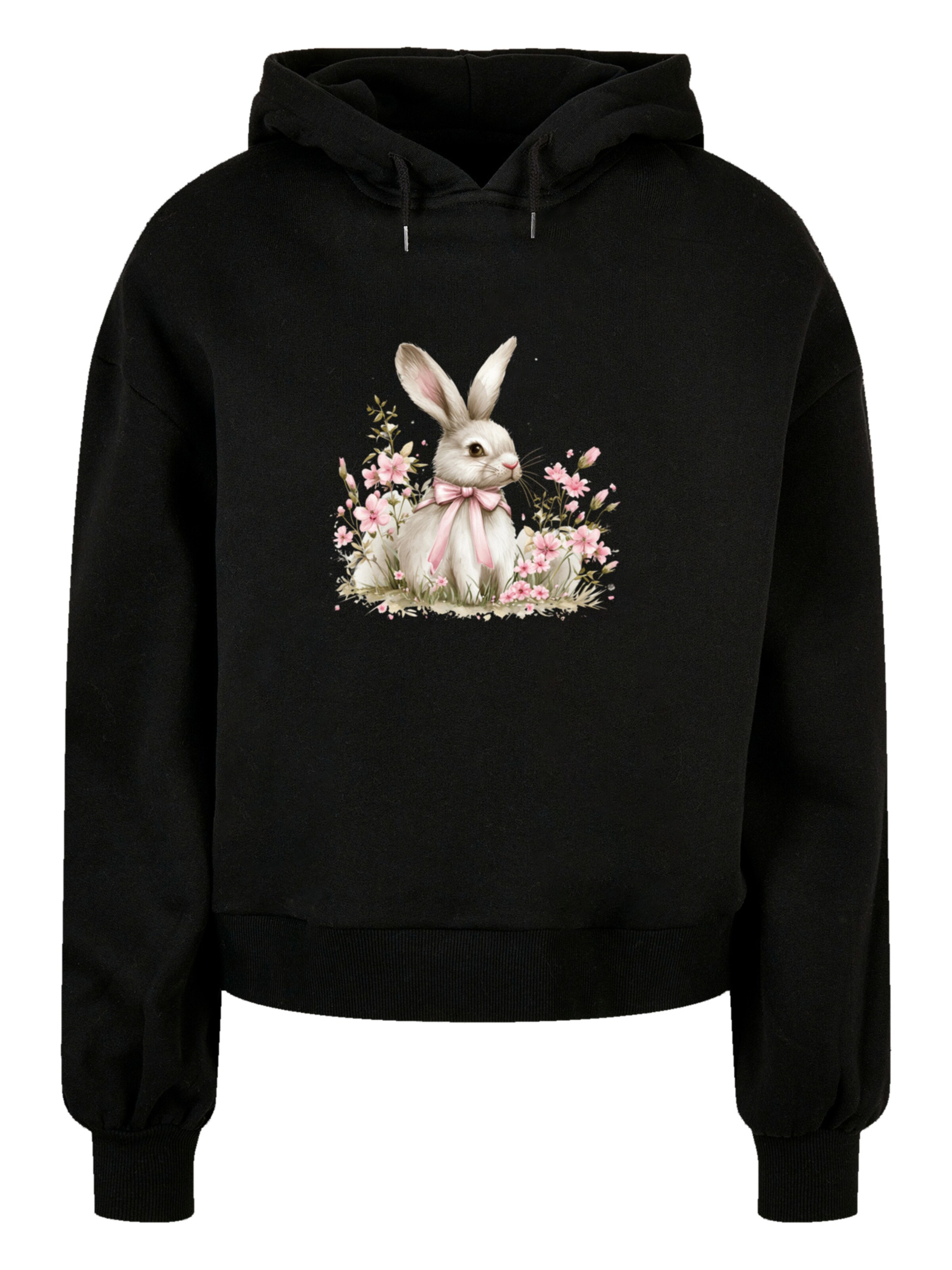 F4NT4STIC Sweatshirt 'Niedlicher Osterhase Mit Blumen' in Zwart: voorkant
