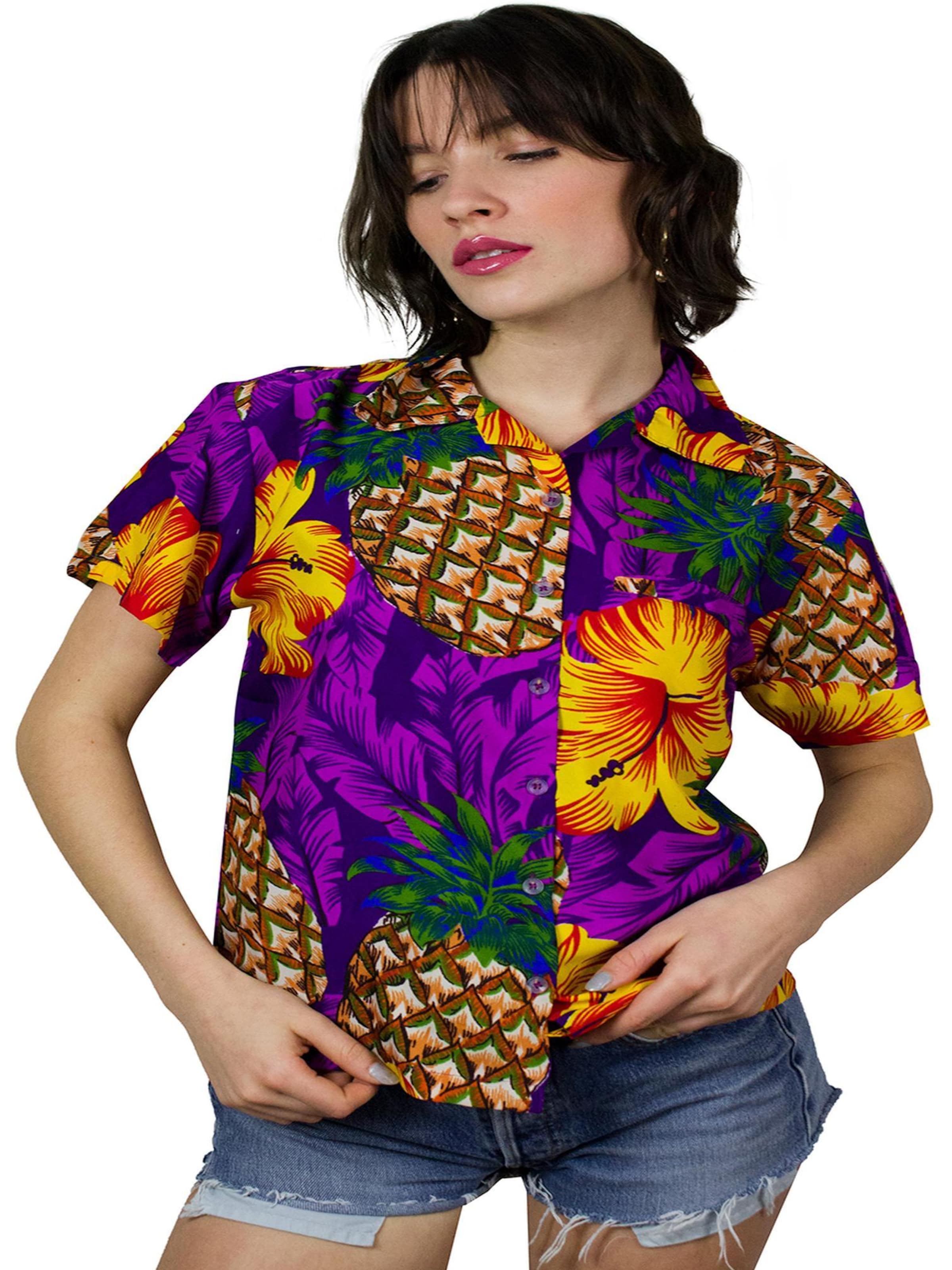 King Kameha Bluse 'Pineapple Hibiscus'‌‌‌‌‌‌‌ in Lila: Vorderseite