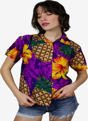 King Kameha Bluse 'Pineapple Hibiscus' in Lila: Vorderseite