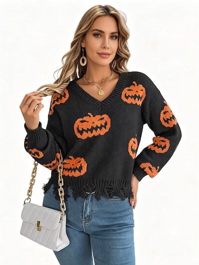 KoJooin Pullover 'Damen V-Ausschnitt Pullover mit Halloween-Kürbis-Motiv Farbkontrast,gestrickter Langarm-Pullover'‌‌‌‌‌‌‌‌‌ in S in schwarz, Produktansicht