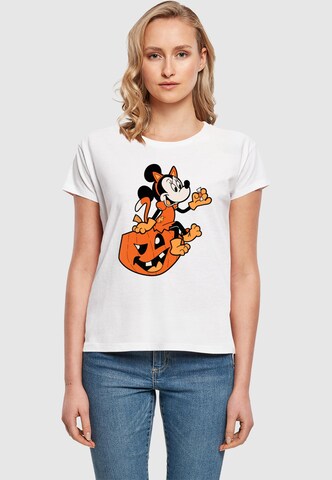 ABSOLUTE CULT Shirt 'Minnie Mouse - Halloween Cat On Pumpkin' in Weiß: Vorderseite