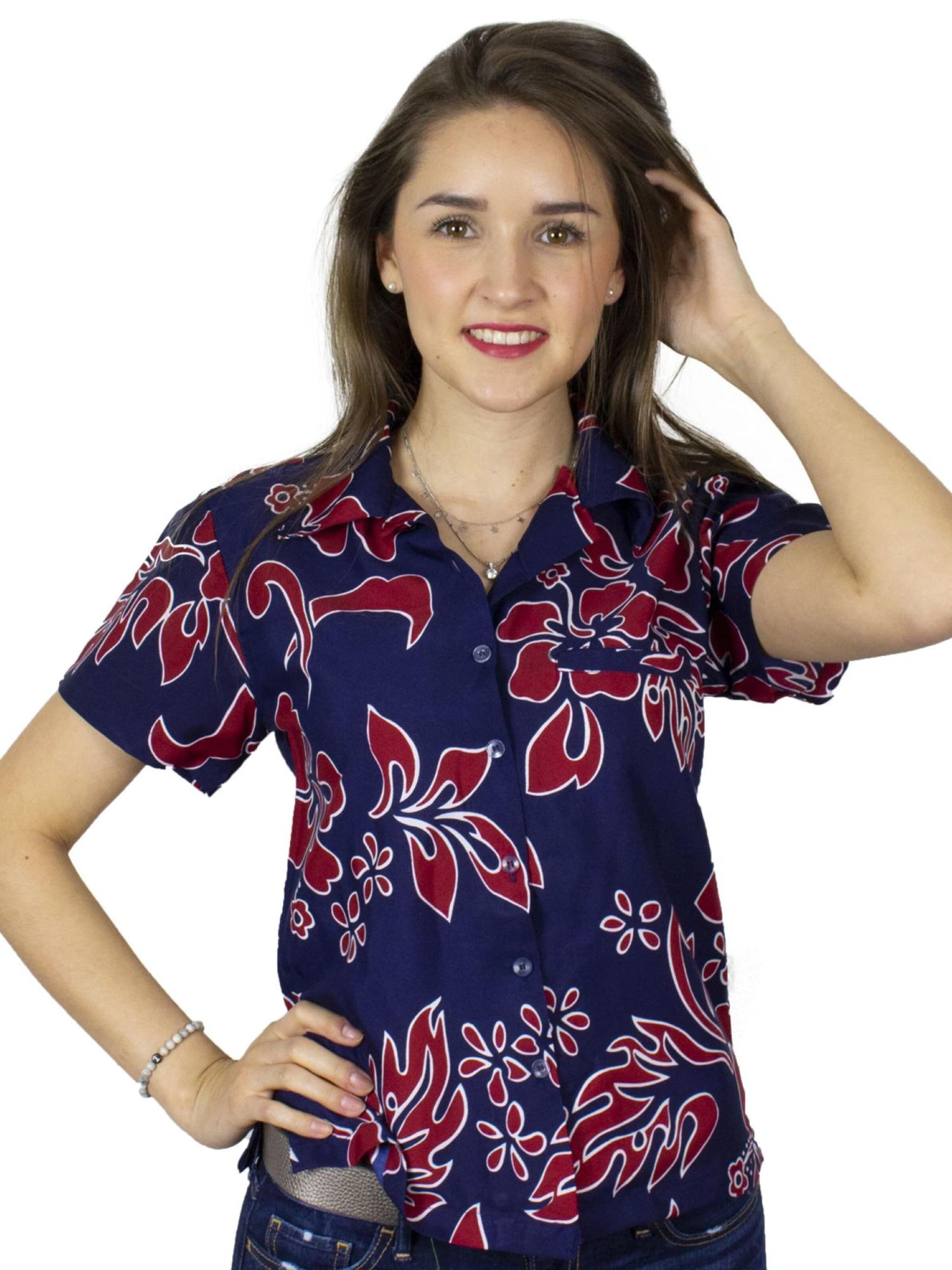 Camicia da donna 'Hibiscus Blue Line' di King Kameha in rosso: frontale