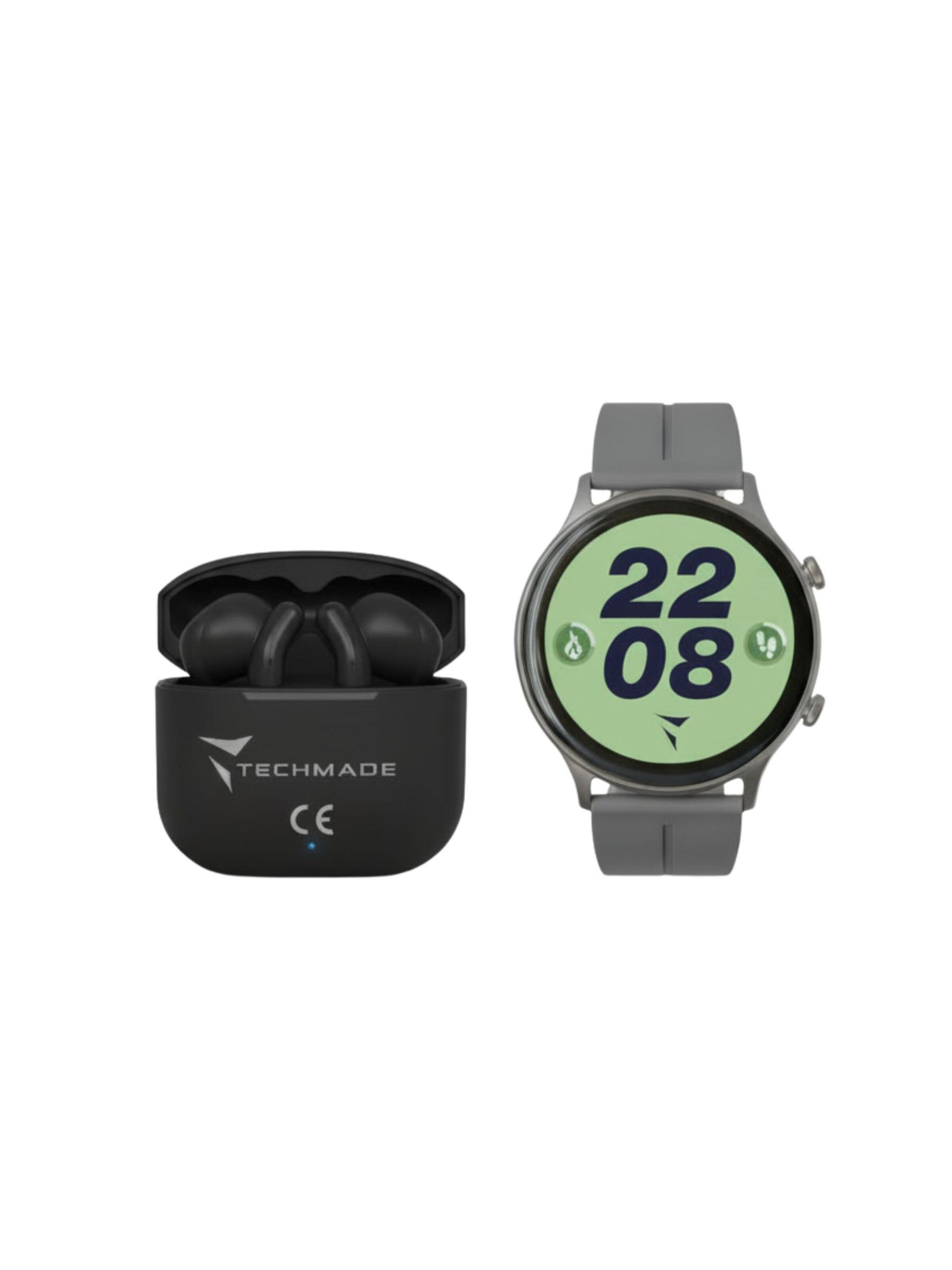 Techmade Digitaluhr 'Dynamic 2 Smartwatch - Bundle mit Kopfhörern'‌‌‌ in Grau: Vorderseite