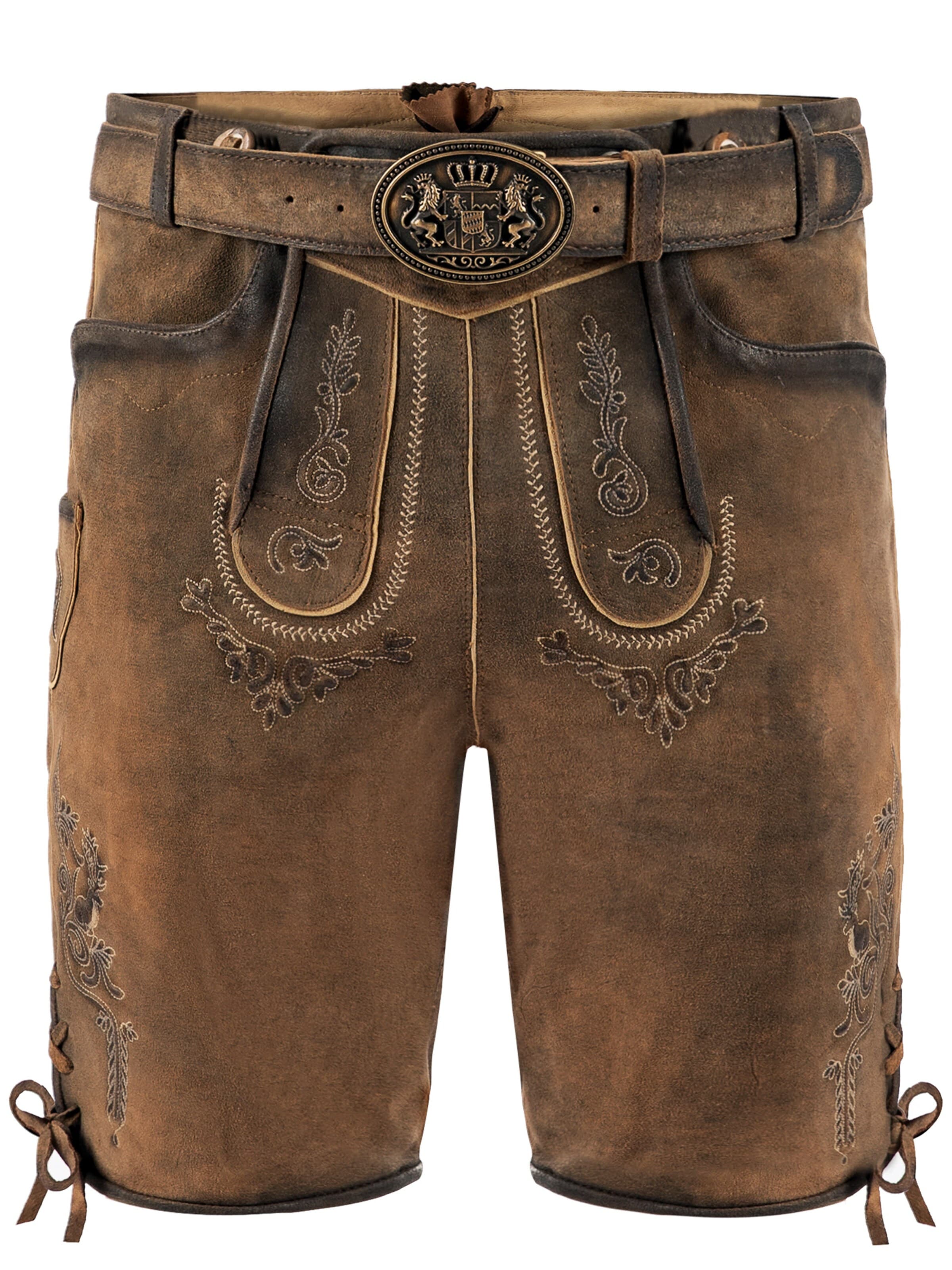 Fuchs Trachtenmoden Skinny Trachtenhose 'Trachtenlederhose Herren kurz Dunkelbraun Wildbockleder'‌‌‌‌ in Braun