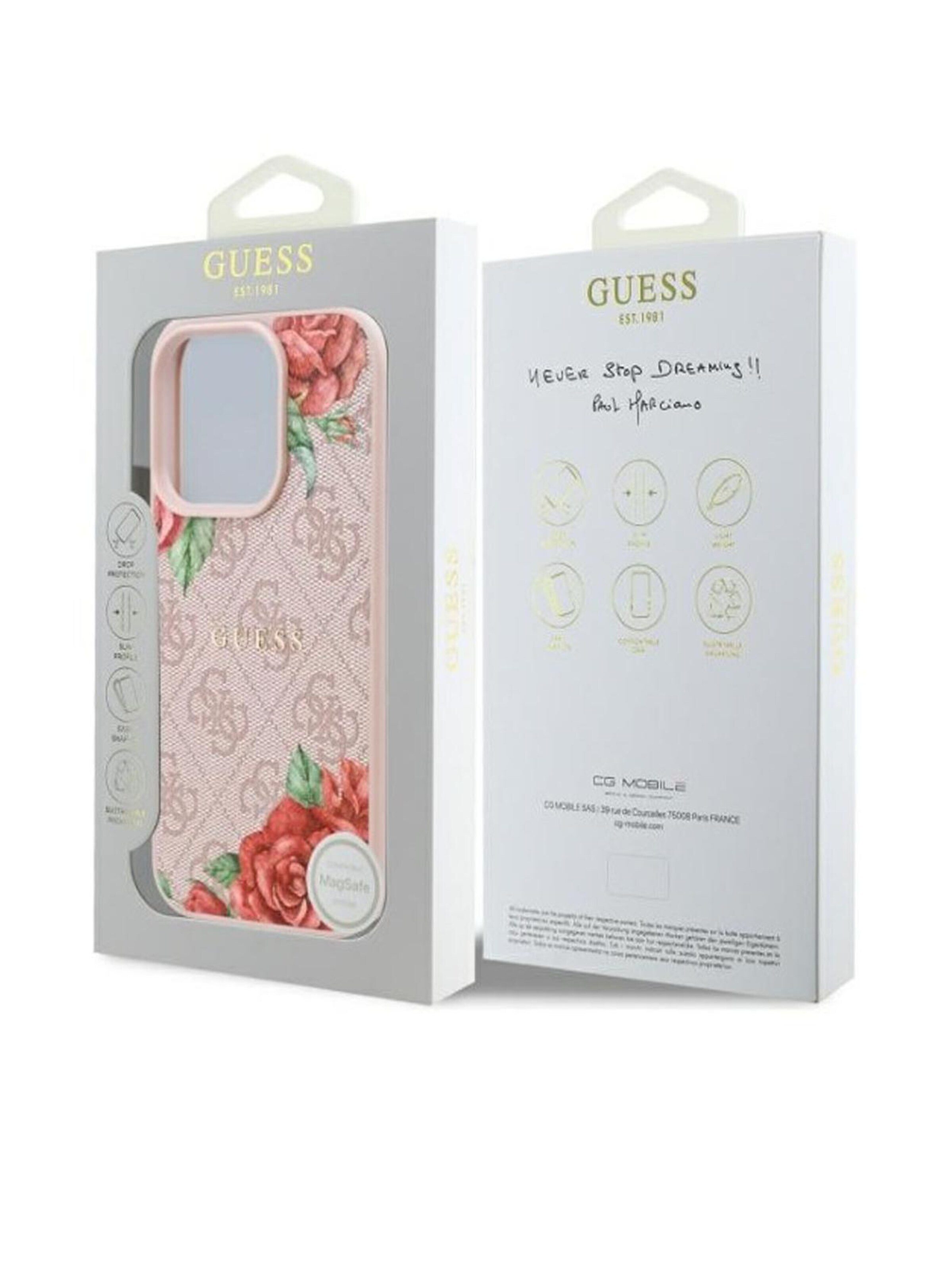 GUESS Smartphonehoesje 'Guess 4G Flowers Print Metal Classic Logo MagSafe for iPhone 15' in Roze