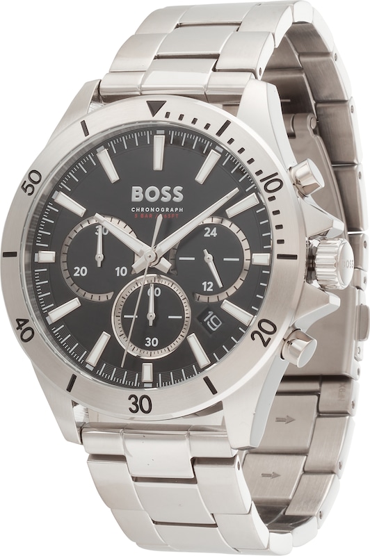 BOSS Black Herren Uhren '44MM/CHRONO/5BAR/SS CASE/BLACK DIAL/SS B' in Silber