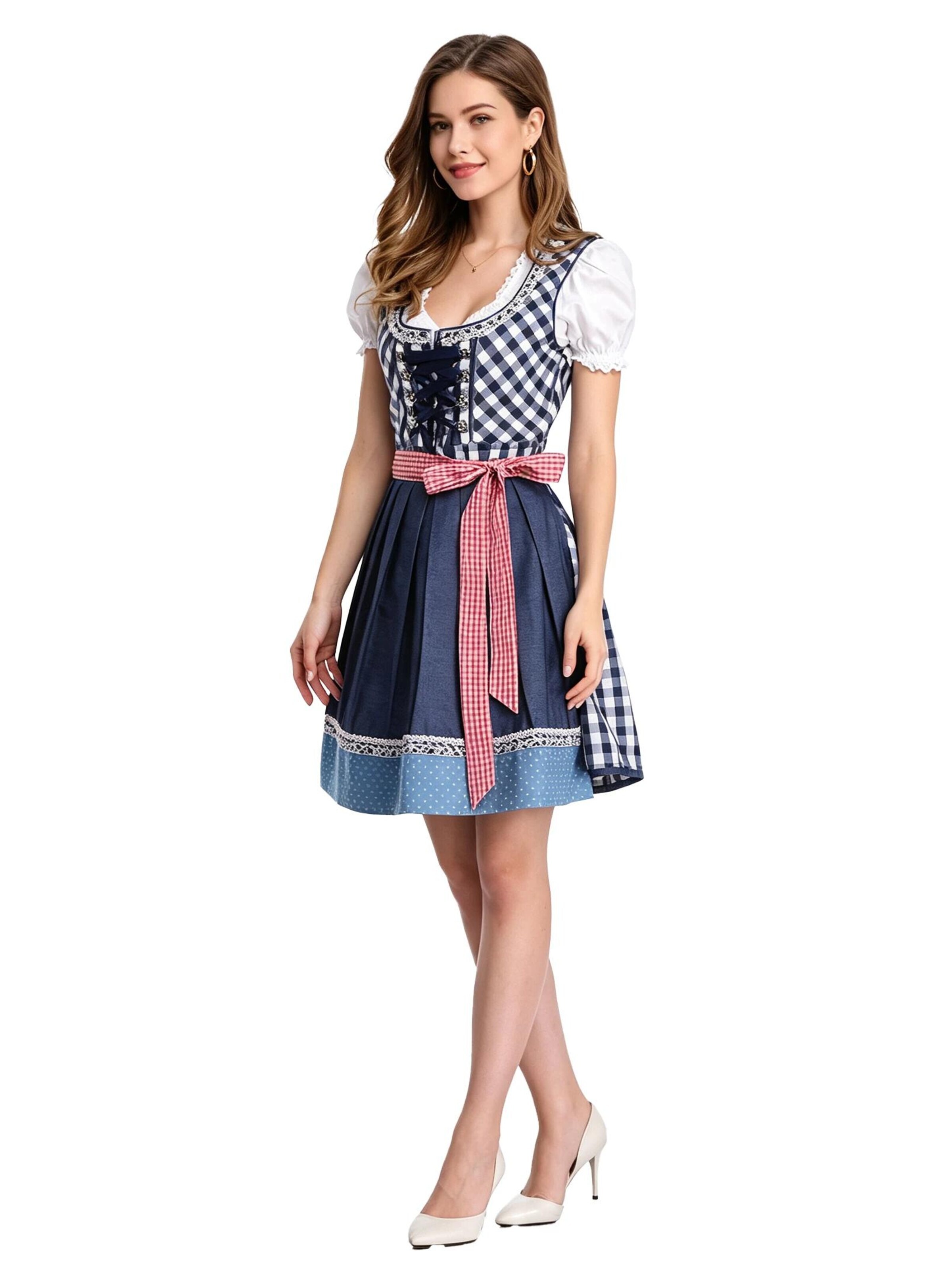 KoJooin Dirndl 'Damen 3-teiliges Fest-Set blauem Jeans-Patchwork-Karo-Rock, passend für Oktoberfest,Halloween' w kolorze niebieski