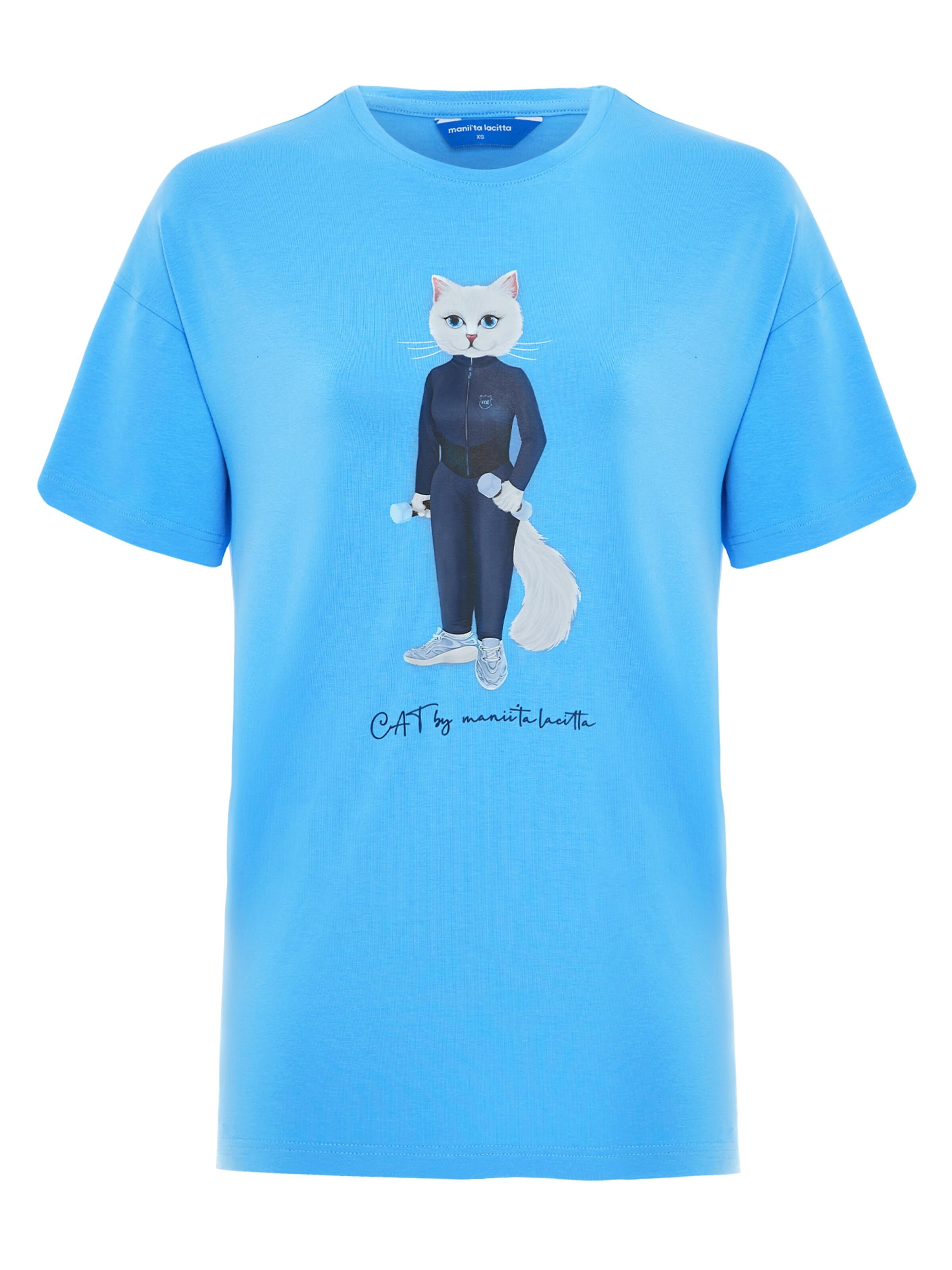 Cat e Lolette Shirt 'Sport cat with dumbbells' in Blue: front