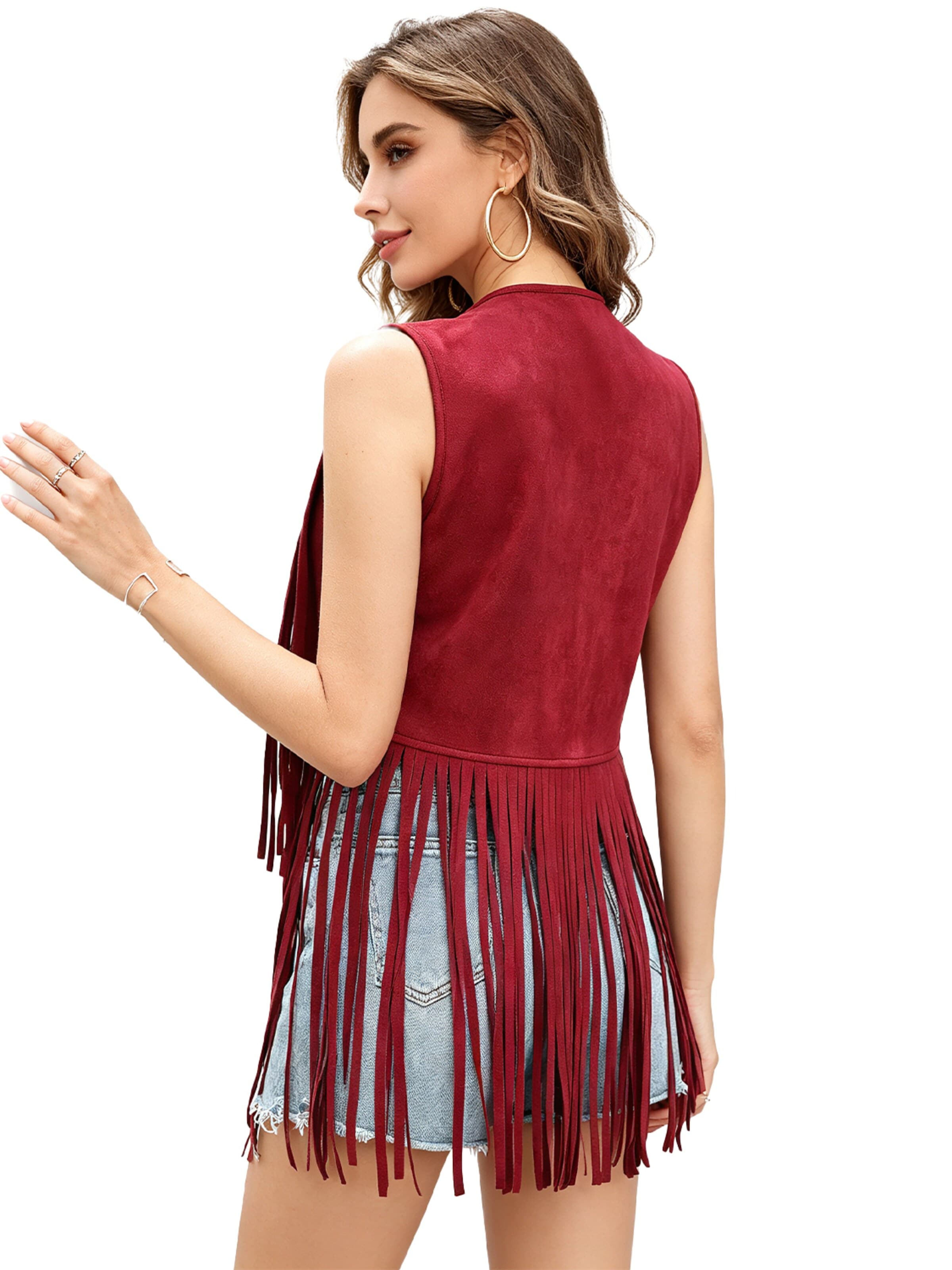 KoJooin Kamizelka 'Jacke Damen Fransenweste im 70er Hippie-Stil aus Wildlederimitat mit Nieten Ärmellose Vintage-Style Jacke' w kolorze czerwony