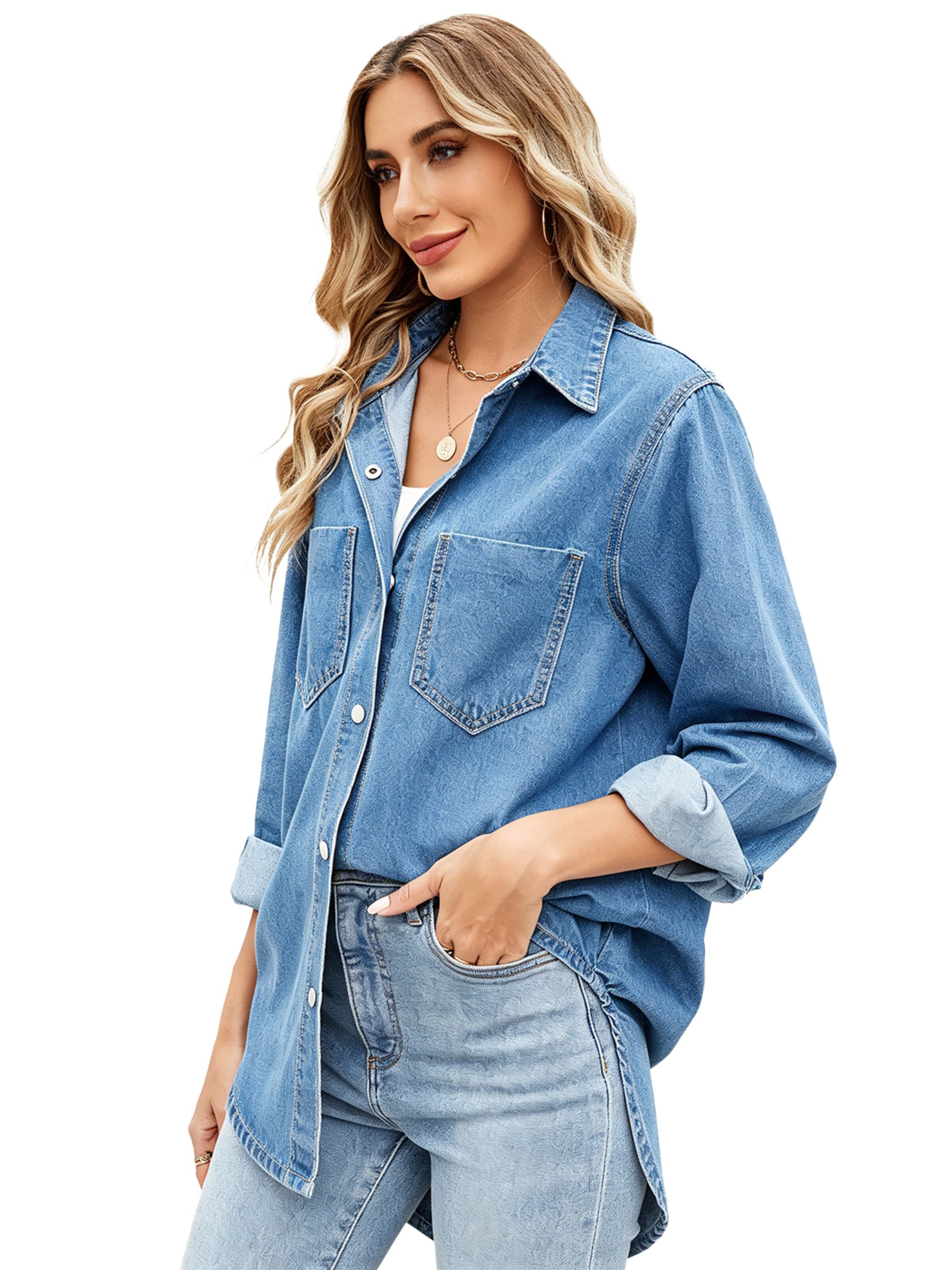 KoJooin Bluzka 'Damen Oversize Jeanshemd mit Knopfleiste – Langarm, Used-Look Denimjacke für Herbst-Outfits 2026' w kolorze niebieski