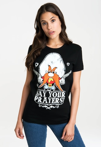 LOGOSHIRT Shirt 'Looney Tunes – Say Your Prayers' in Zwart: voorkant