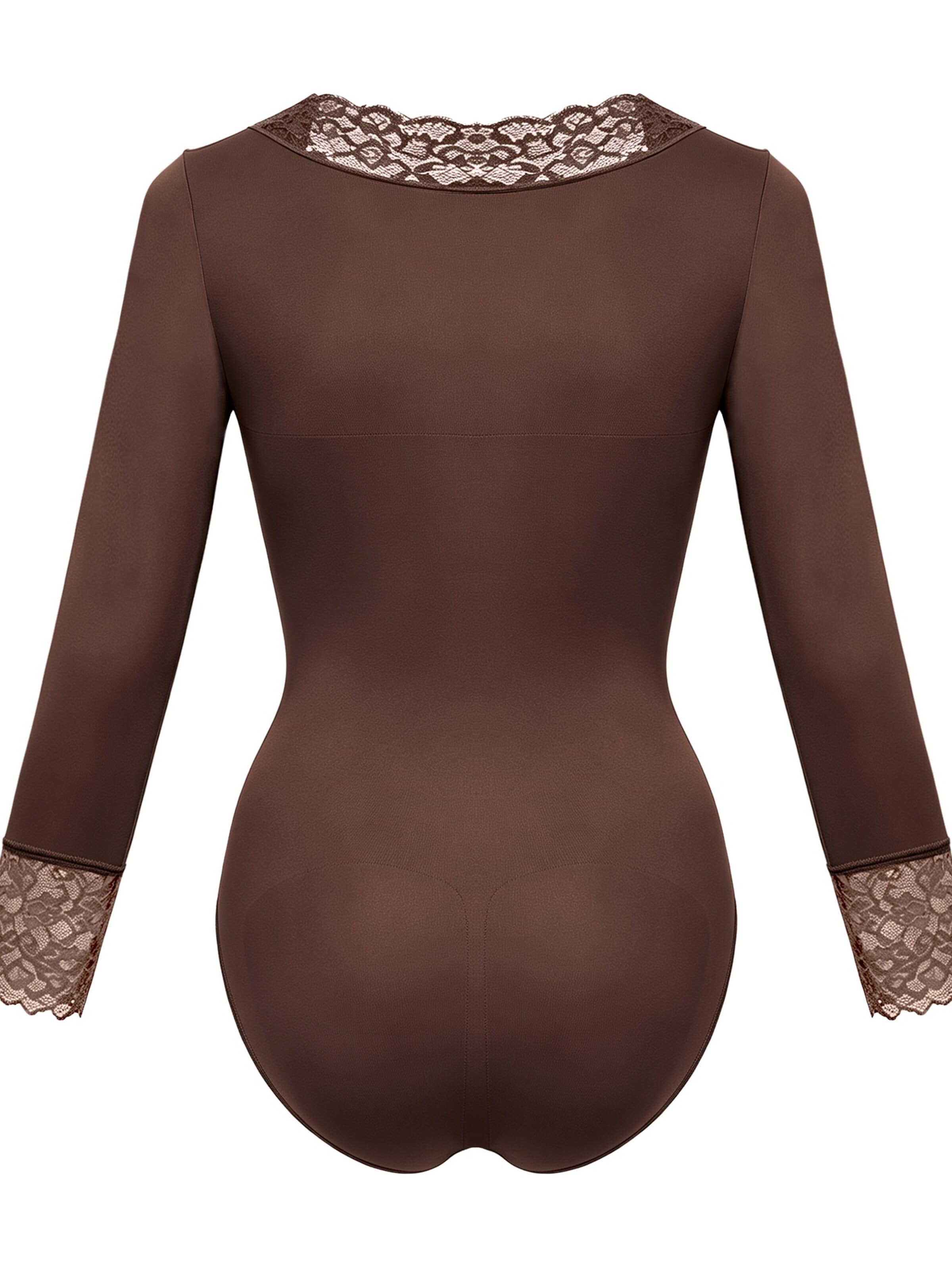 cfab - Body moldeador 'Clean Longsleeve V-Neck with Lace Sculpting Bodysuit with Slip' en marrón