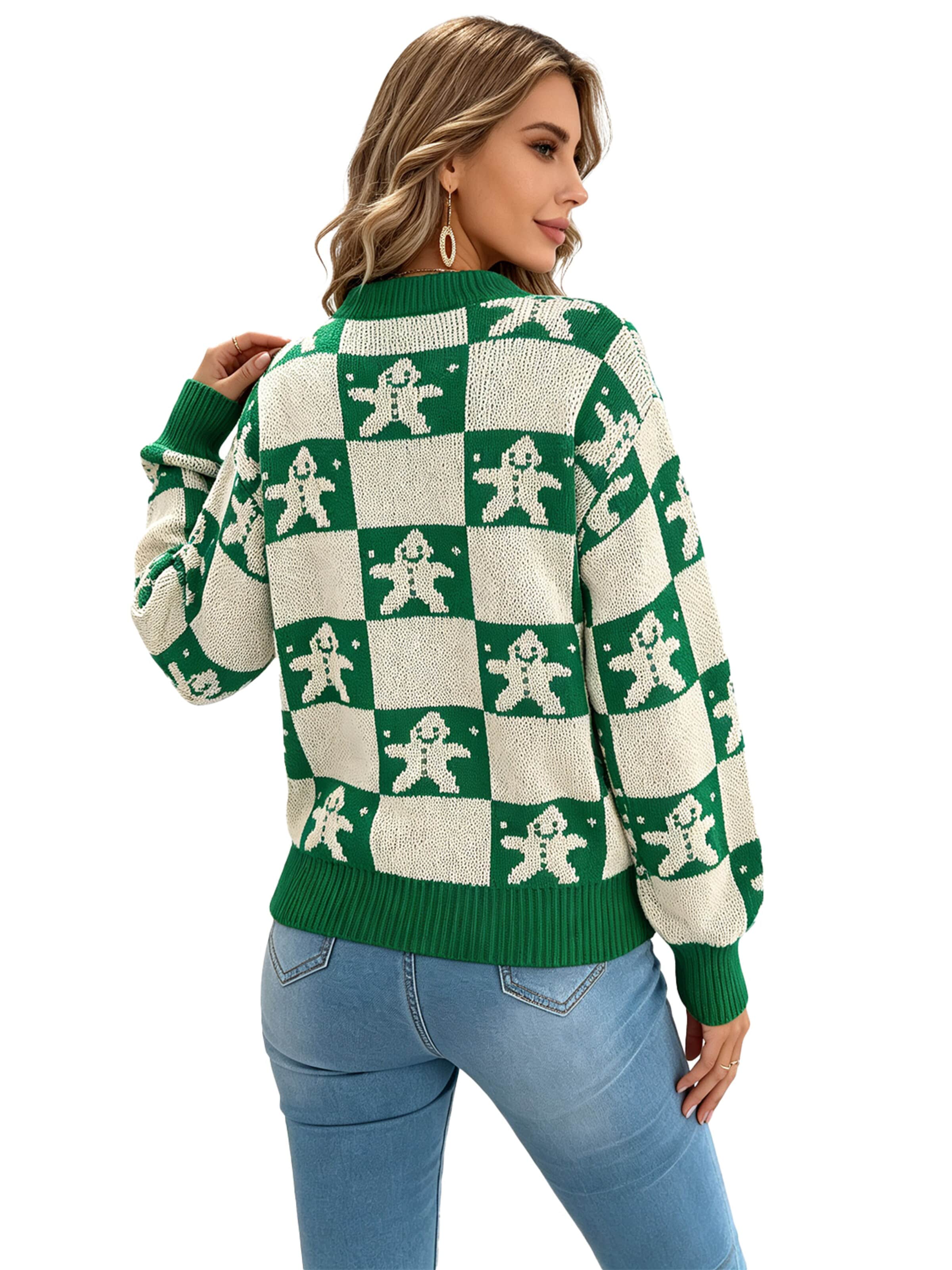 KoJooin Pullover 'Damen Weihnachtspullover mit Rentier- und Karomuster – Gemütlicher Langarm-Pullover mit Puffärmeln' in Grün
