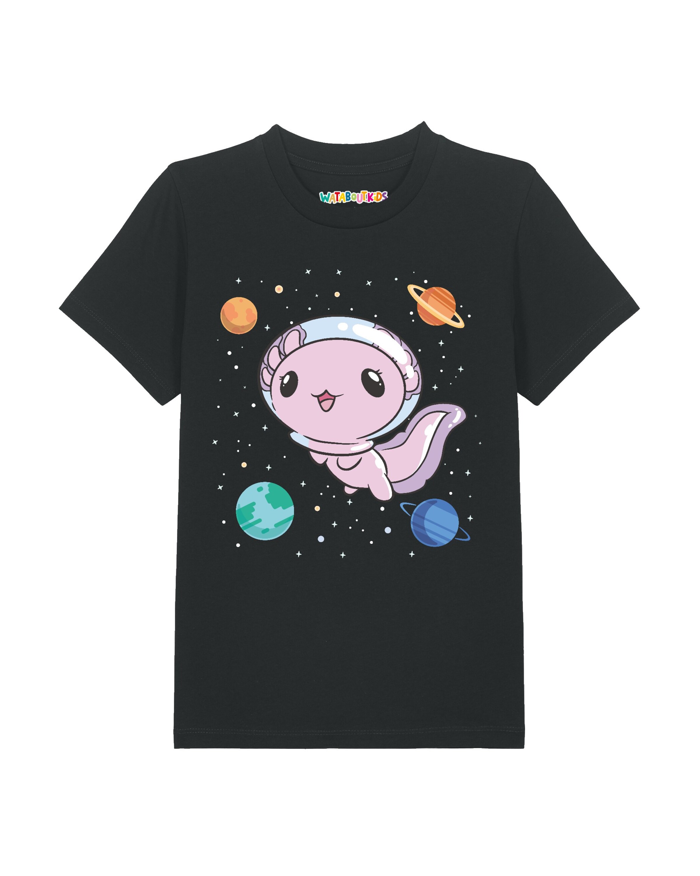 T-Shirt ' Axolotl in space ' watabout.kids en noir : devant